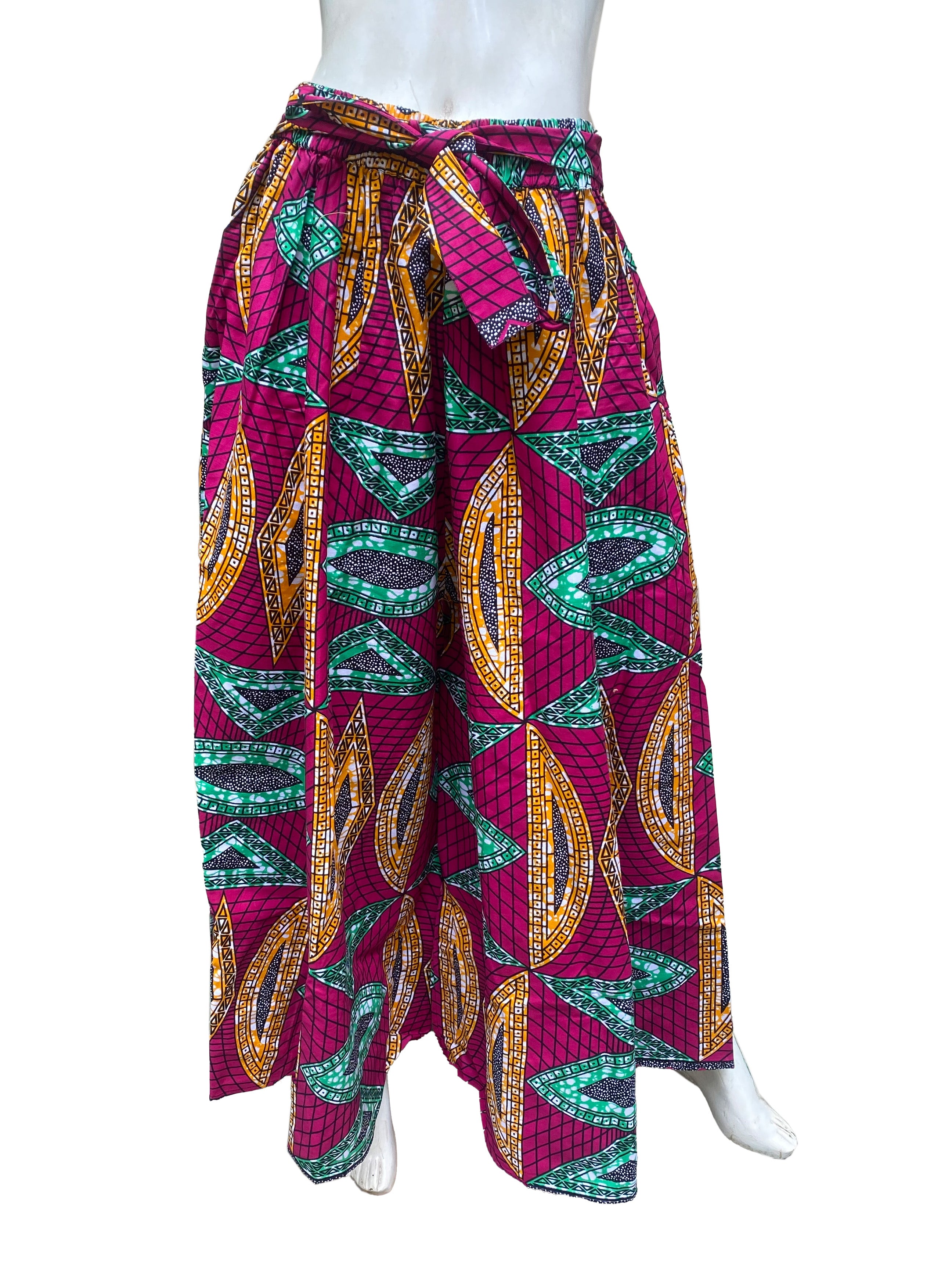 African Palazzo Pants Set w/ Headwrap | Wide Leg Cotton Pants w/ Belts & Pockets, One Size