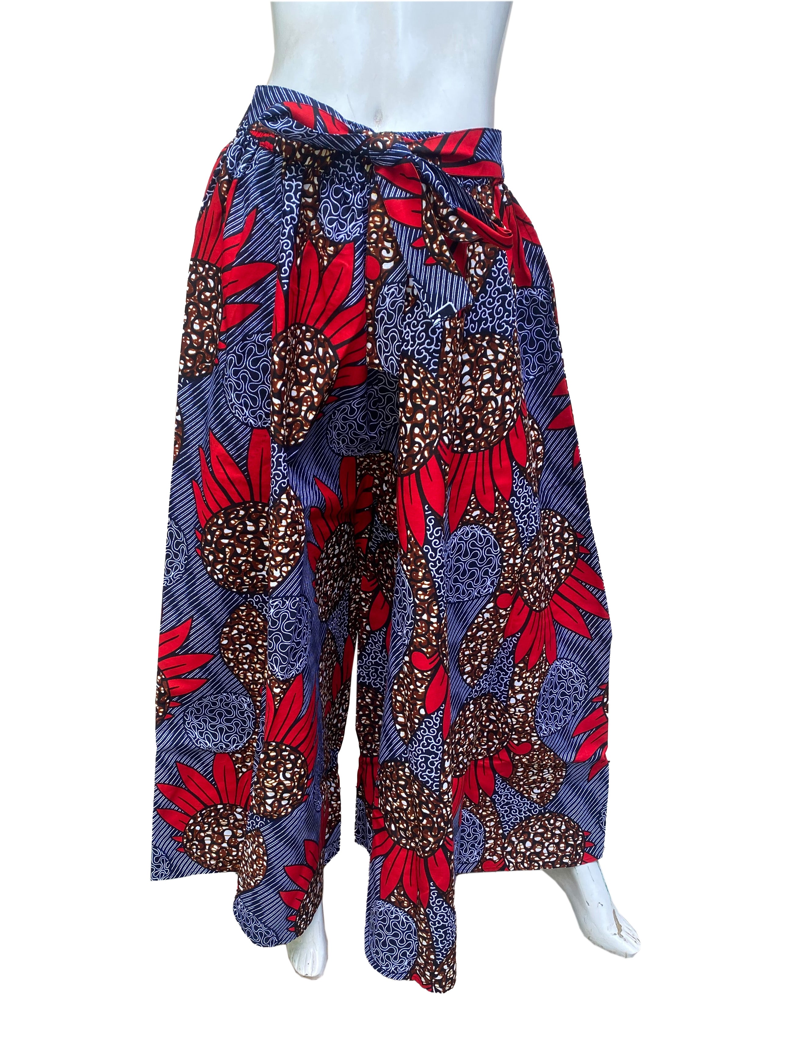 African Palazzo Pants Set w/ Headwrap | Wide Leg Cotton Pants w/ Belts & Pockets, One Size