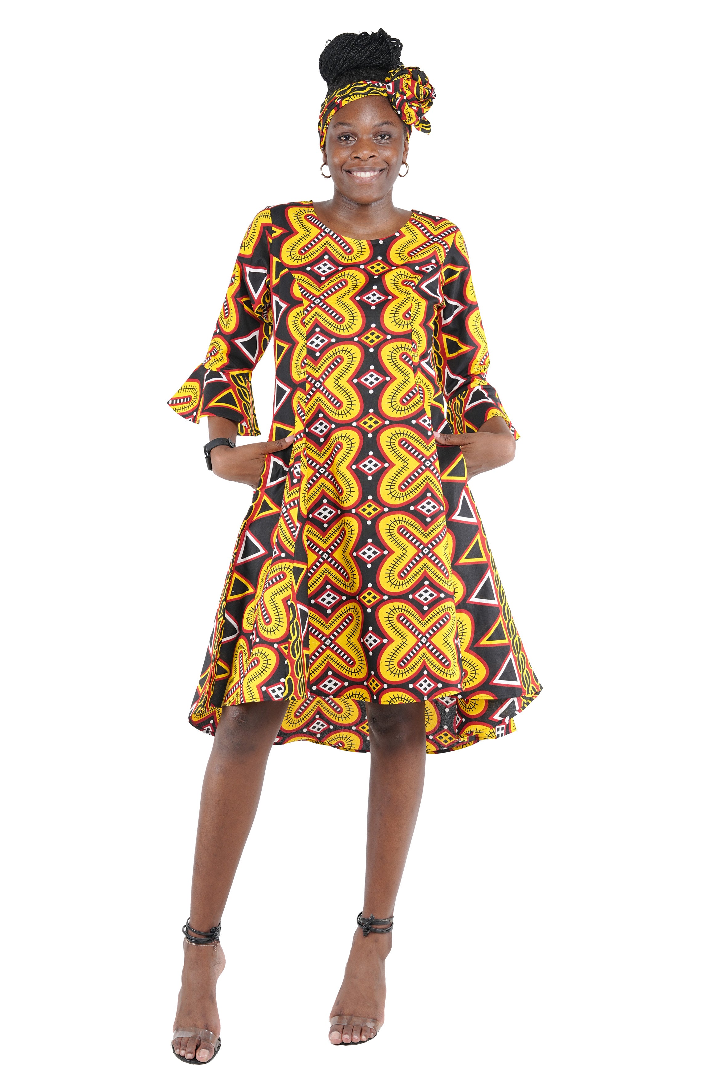 African high low dress with headwrap and back zipper
Cotton princess cut African dress with pockets
Afrocentric high low dress available in sizes
African dresses for women