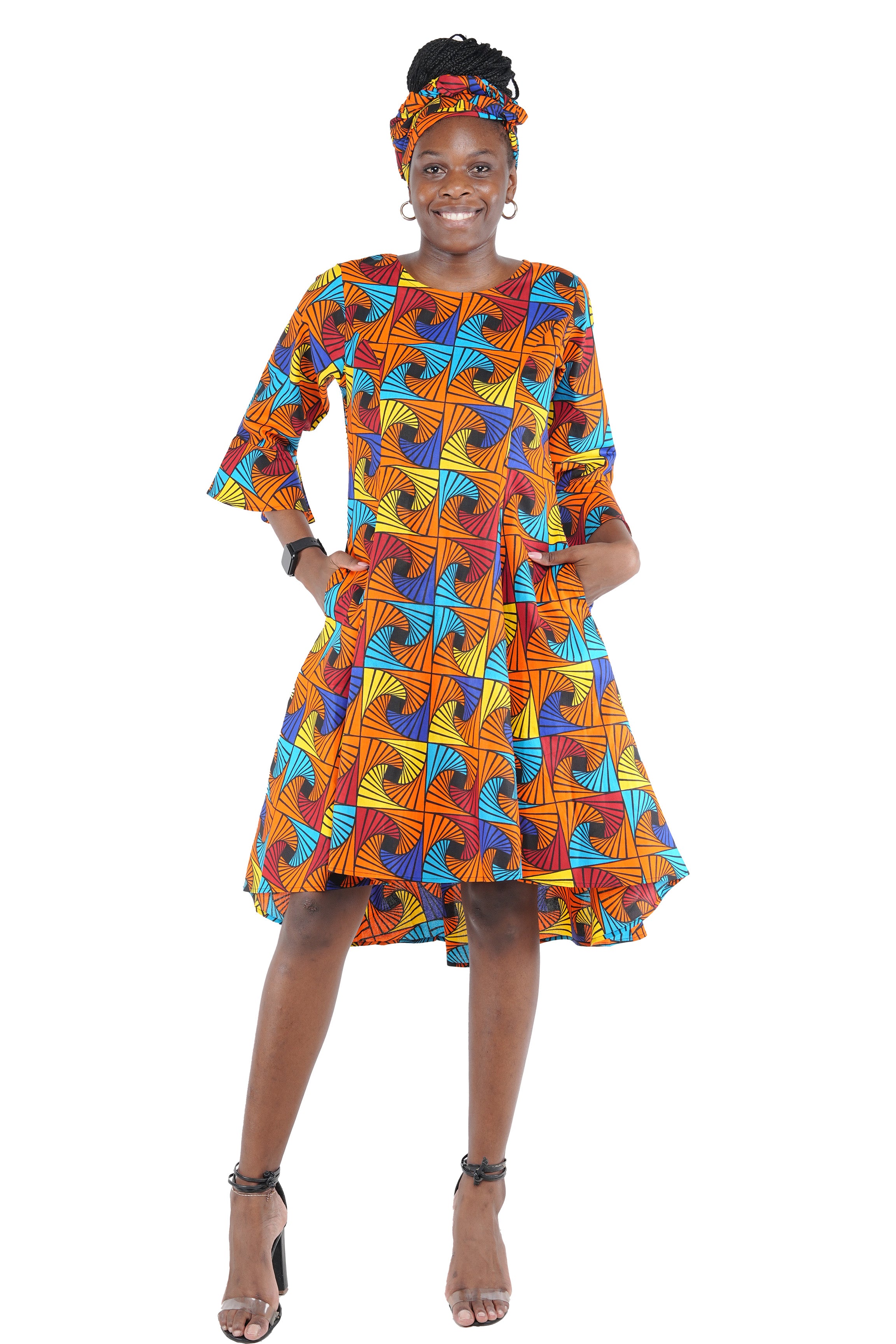 African high low dress with headwrap and back zipper
Cotton princess cut African dress with pockets
Afrocentric high low dress available in sizes
African dresses for women