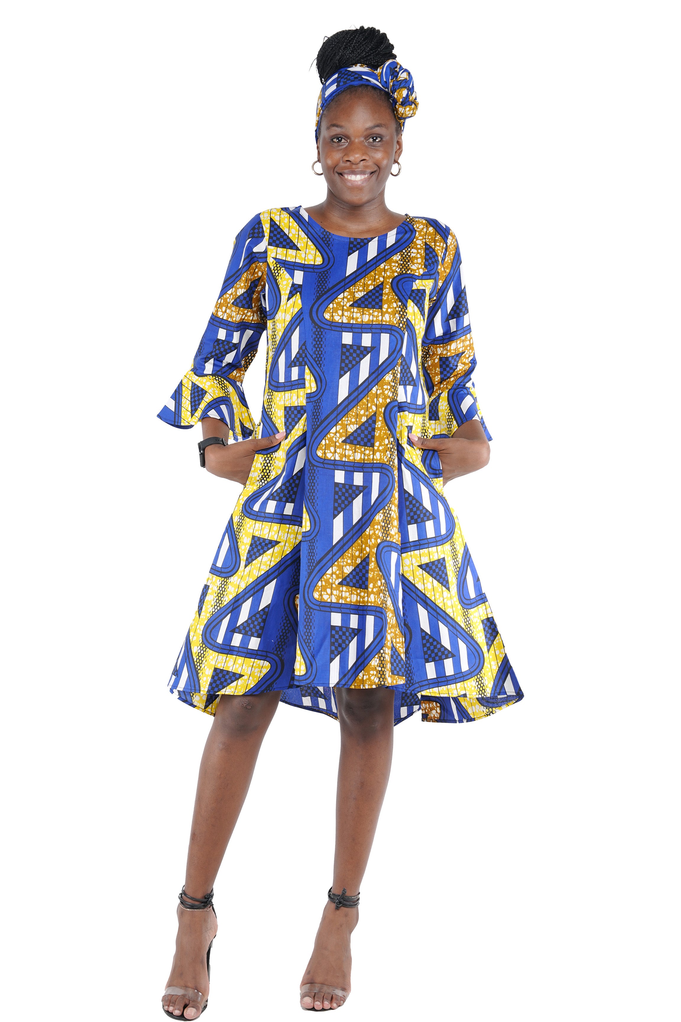 African high low dress with headwrap and back zipper
Cotton princess cut African dress with pockets
Afrocentric high low dress available in sizes
African dresses for women