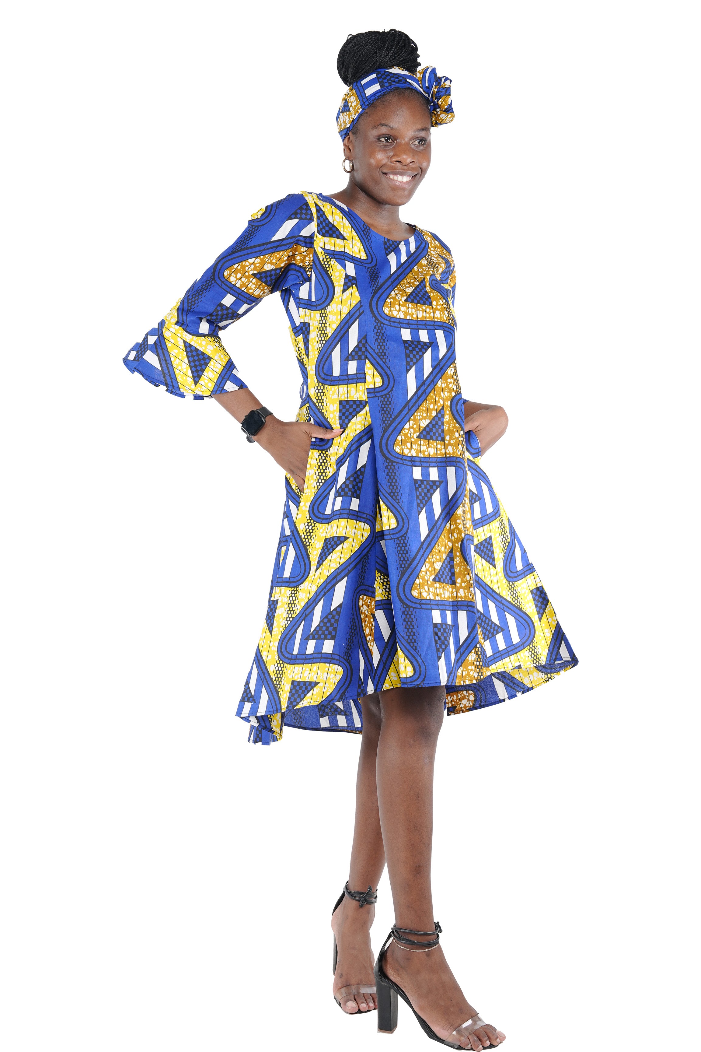 African high low dress with headwrap and back zipper
Cotton princess cut African dress with pockets
Afrocentric high low dress available in sizes
African dresses for women