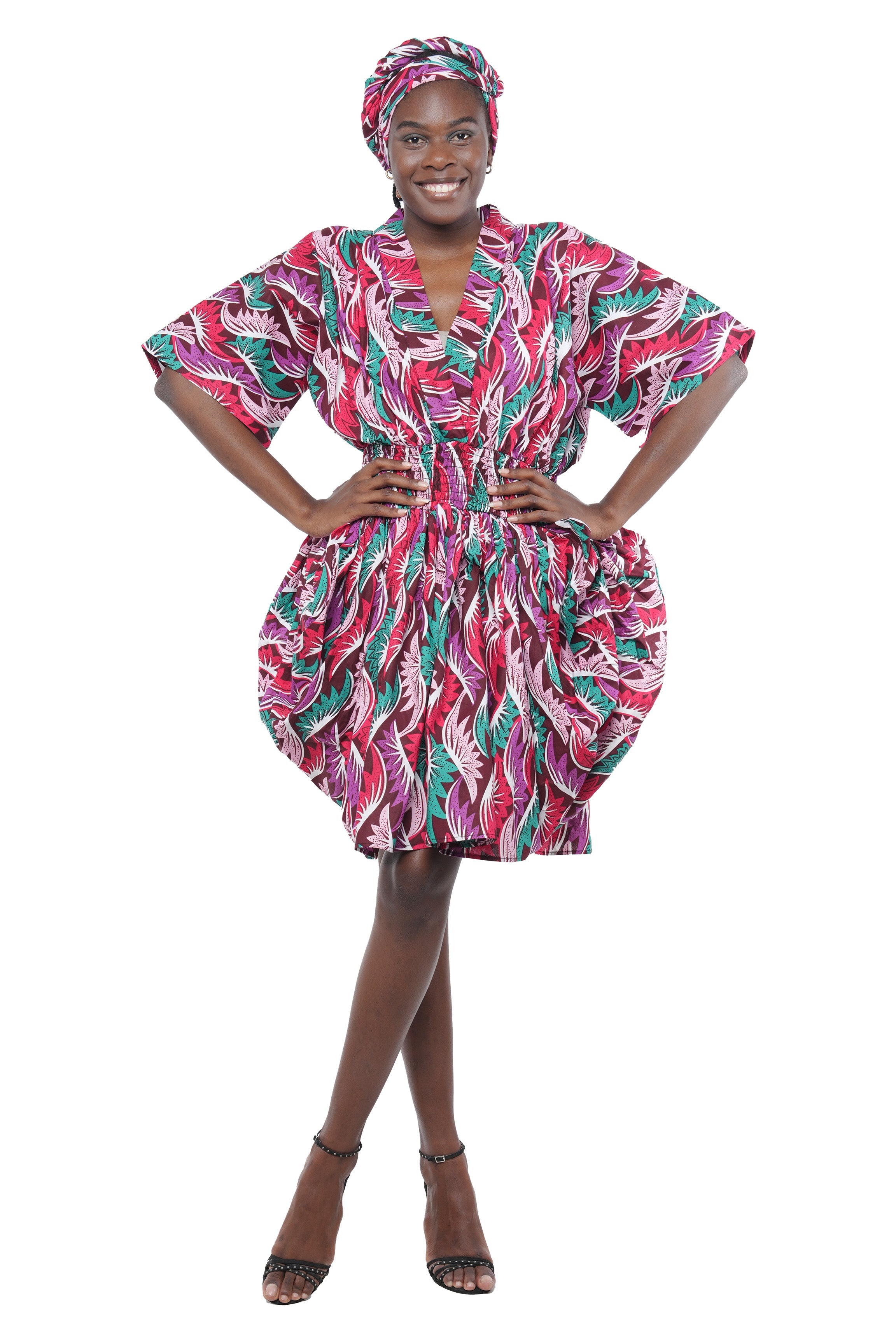African Short Dress 100% Cotton Smocked Waist w/ Headwrap V Neck One Size