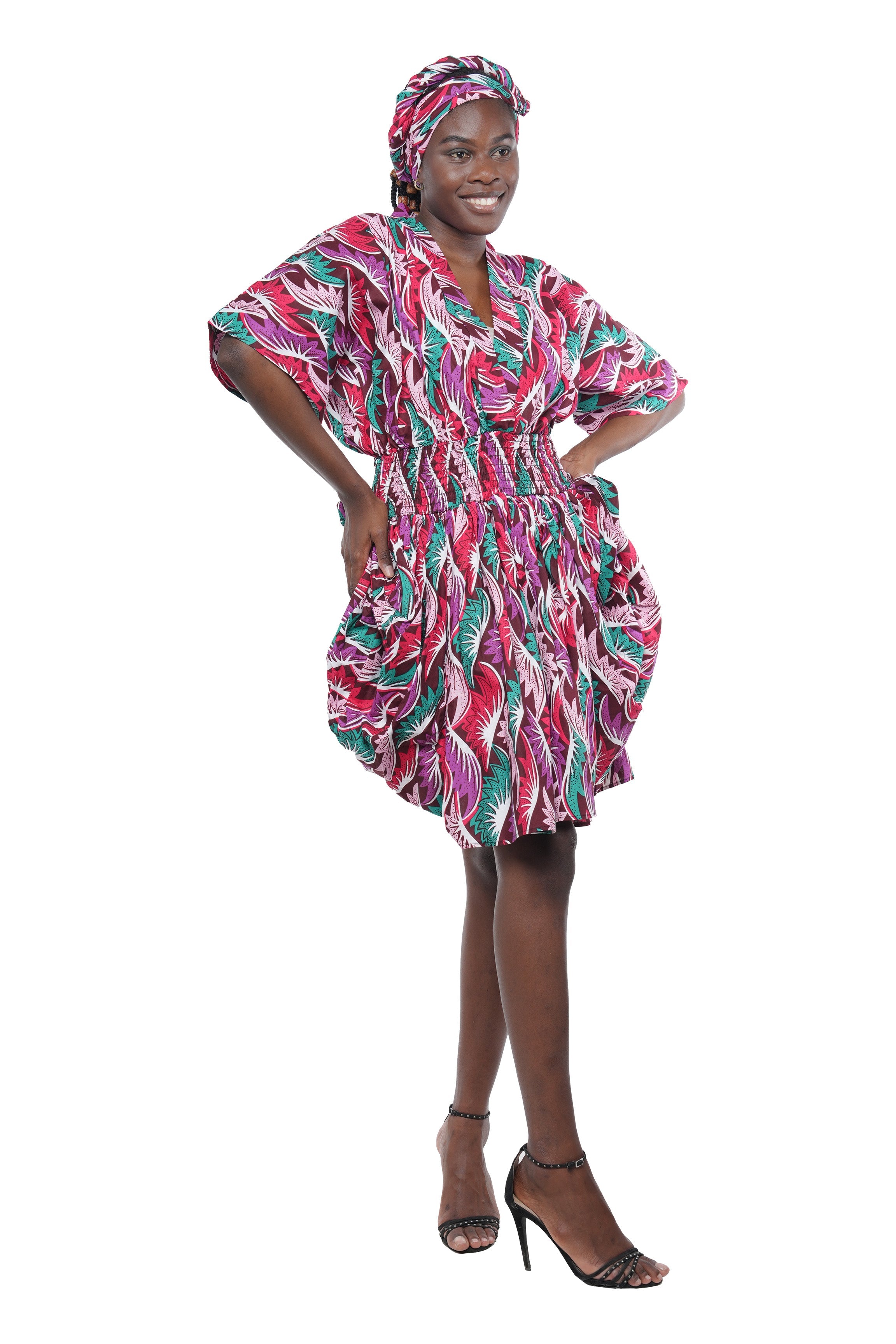 African Short Dress 100% Cotton Smocked Waist w/ Headwrap V Neck One Size