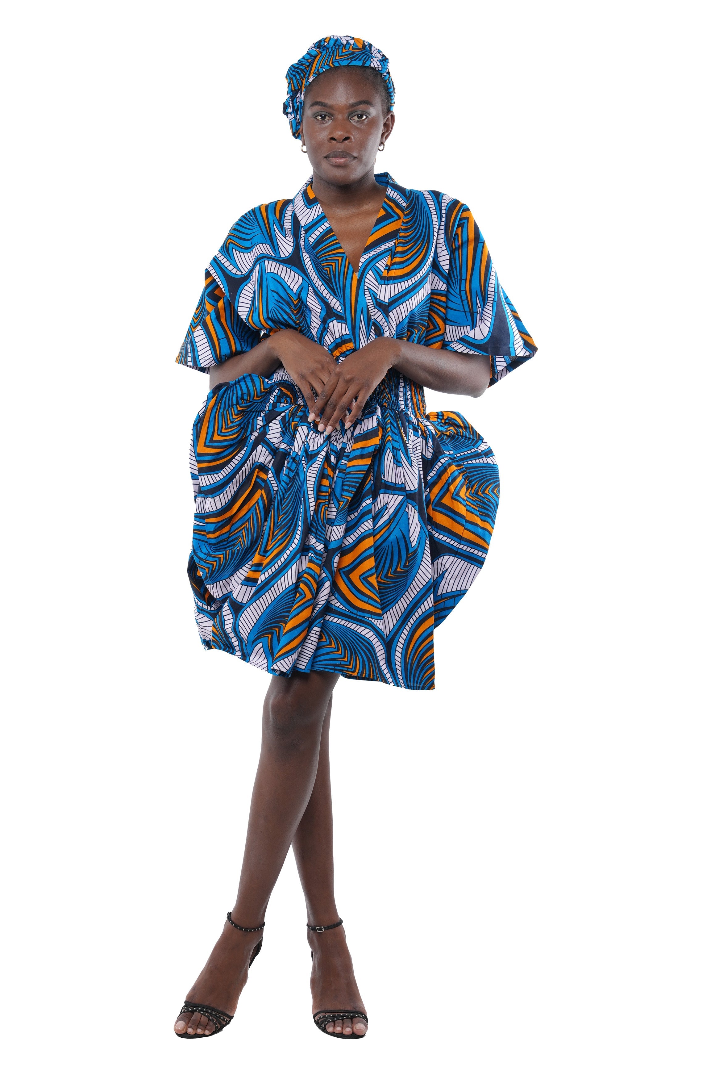 African Short Dress 100% Cotton Smocked Waist w/ Headwrap V Neck One Size