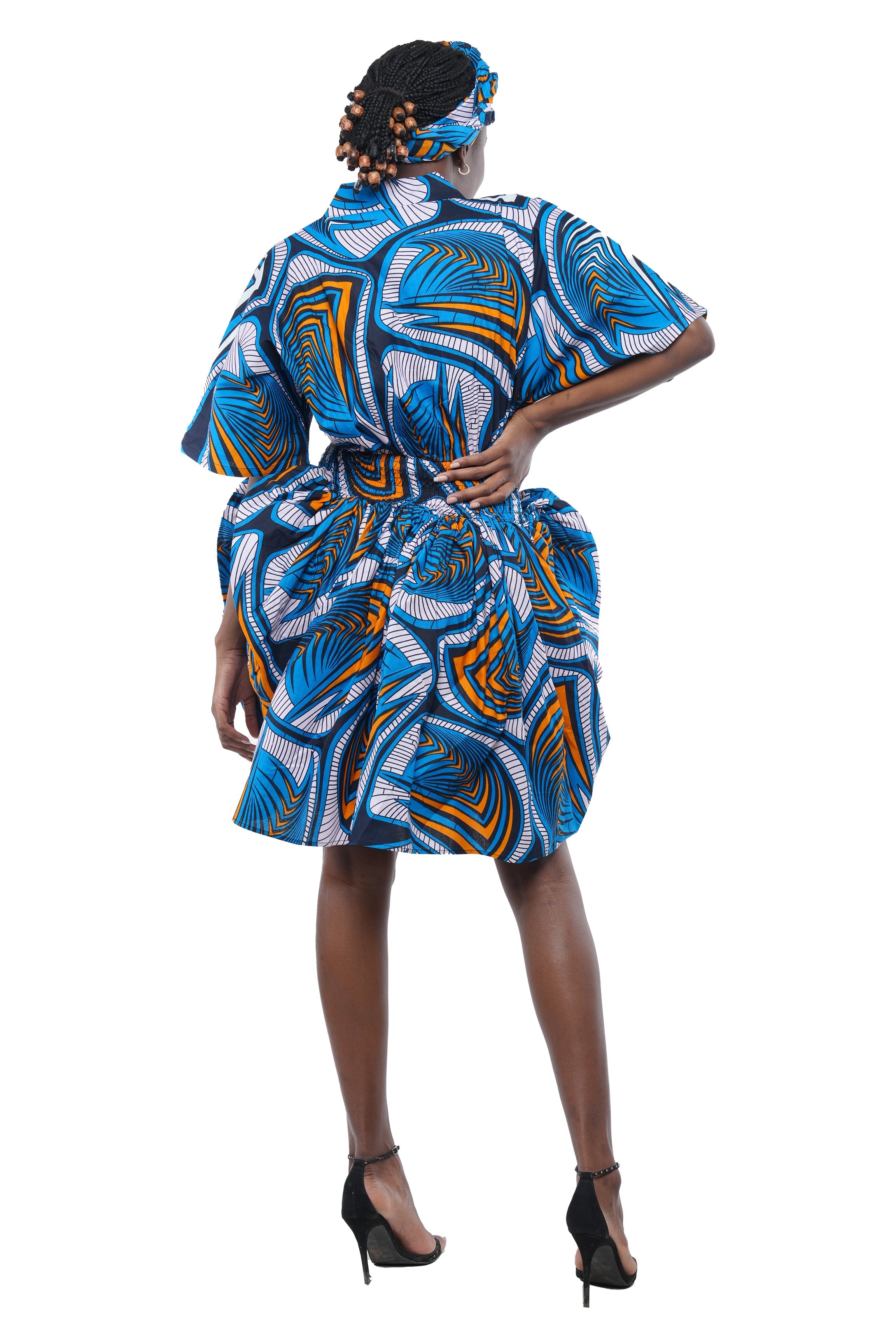 African Short Dress 100% Cotton Smocked Waist w/ Headwrap V Neck One Size