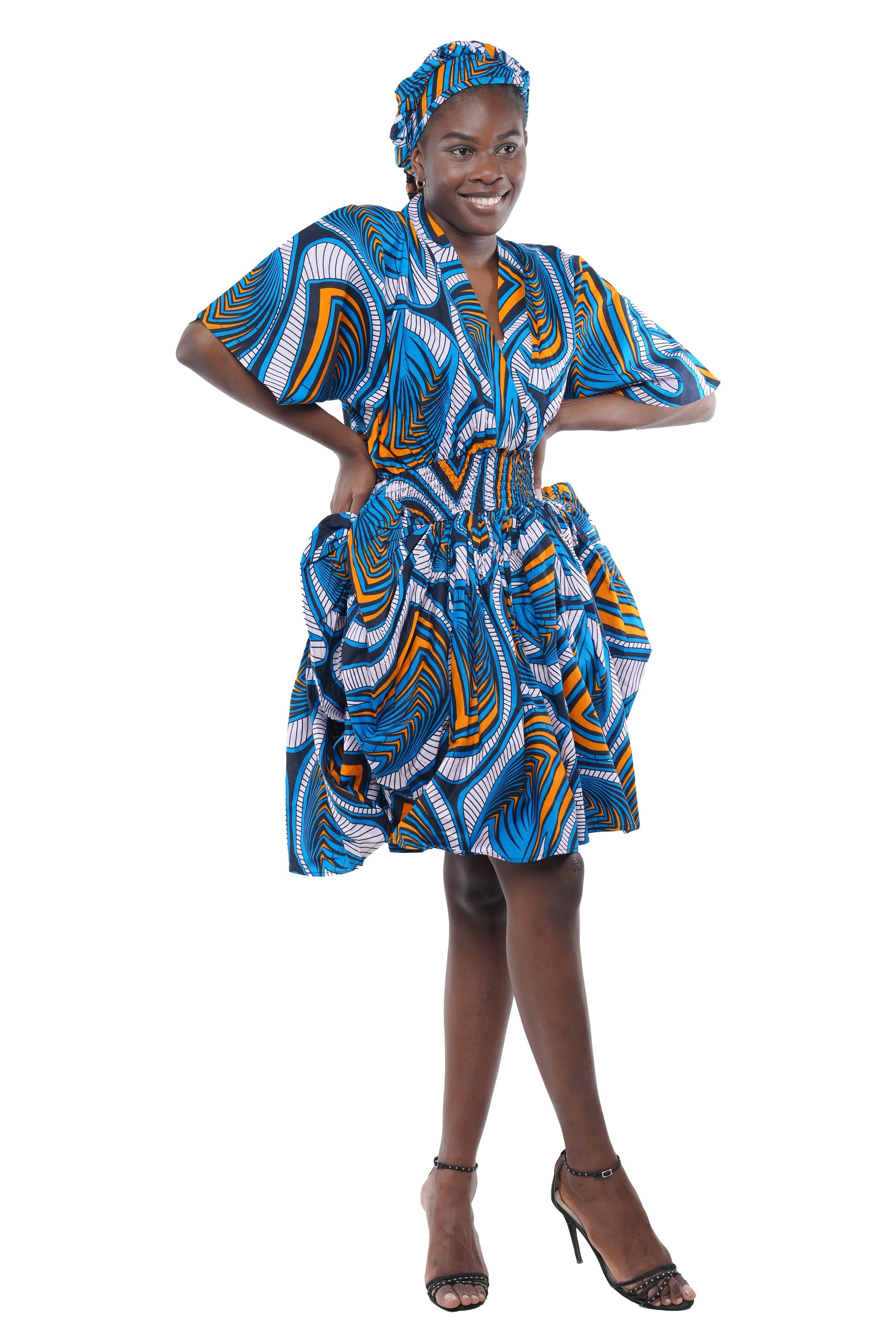 African Short Dress 100% Cotton Smocked Waist w/ Headwrap V Neck One Size