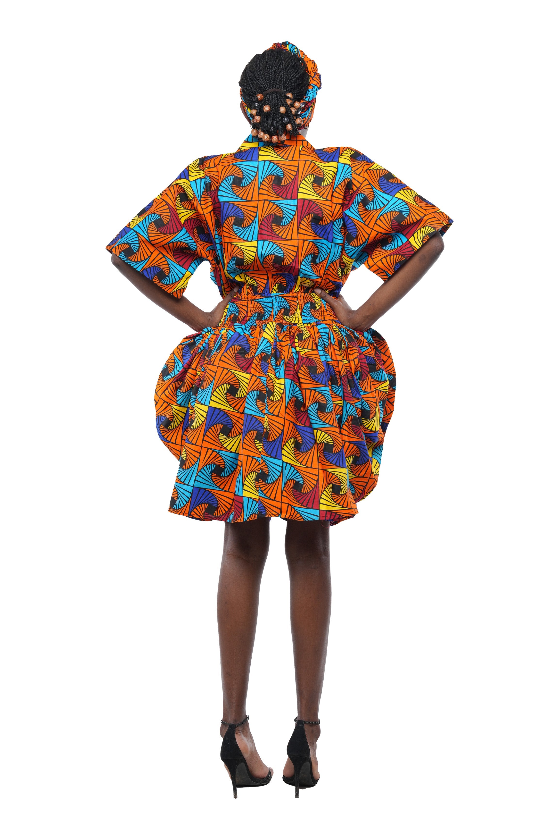 African Short Dress 100% Cotton Smocked Waist w/ Headwrap V Neck One Size