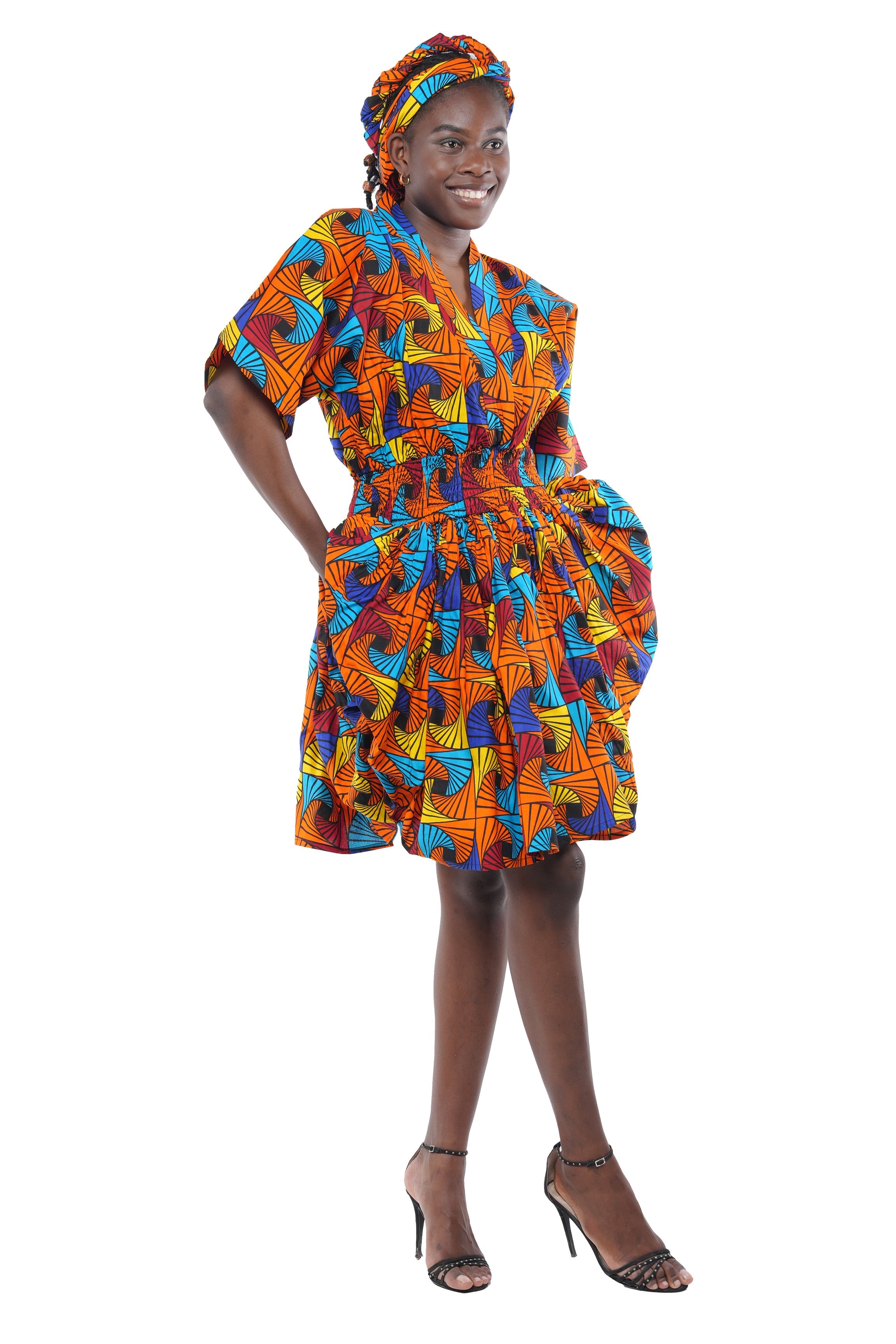 African Short Dress 100% Cotton Smocked Waist w/ Headwrap V Neck One Size