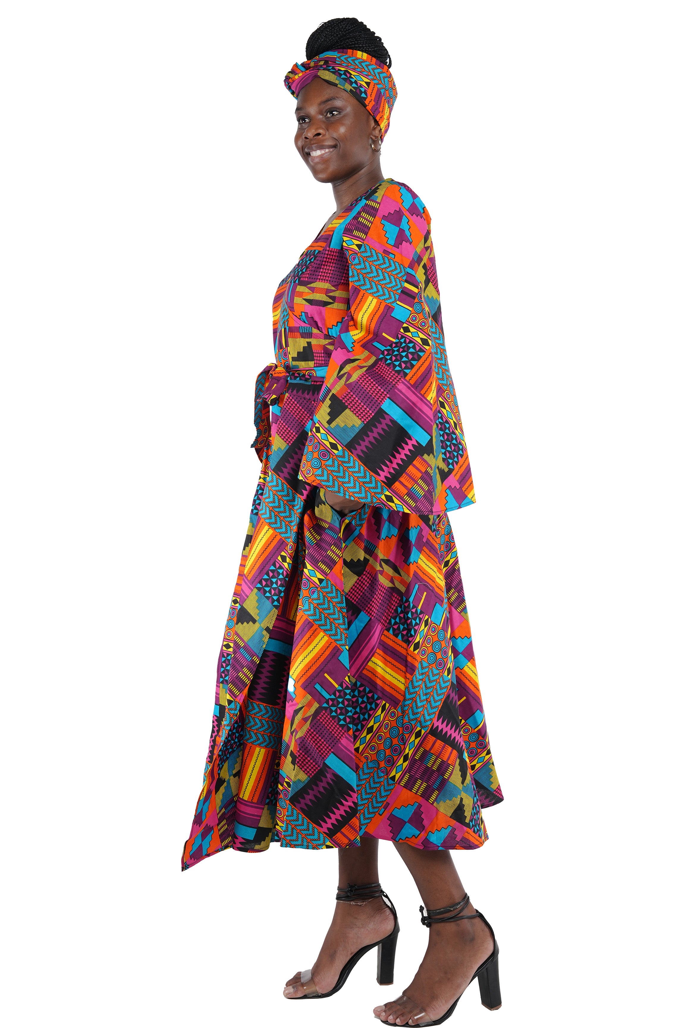 African long wrap dress with pockets and matching headwrap
Afrocentric cotton wrap dress with tribal print
African attire for women – ankara wrap dress
African dresses for women