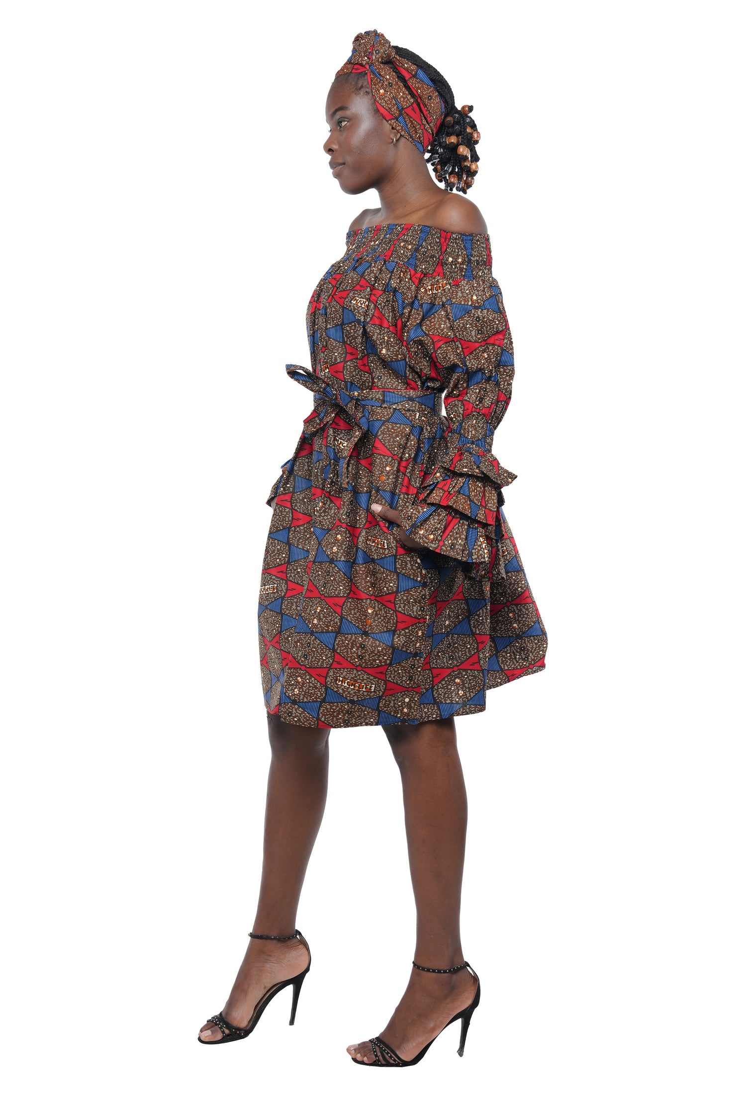 African off-the-shoulder midi dress with belt and headwrap
Afrocentric cotton midi dress with pockets
African attire for women – tribal print midi dress
African dresses for women