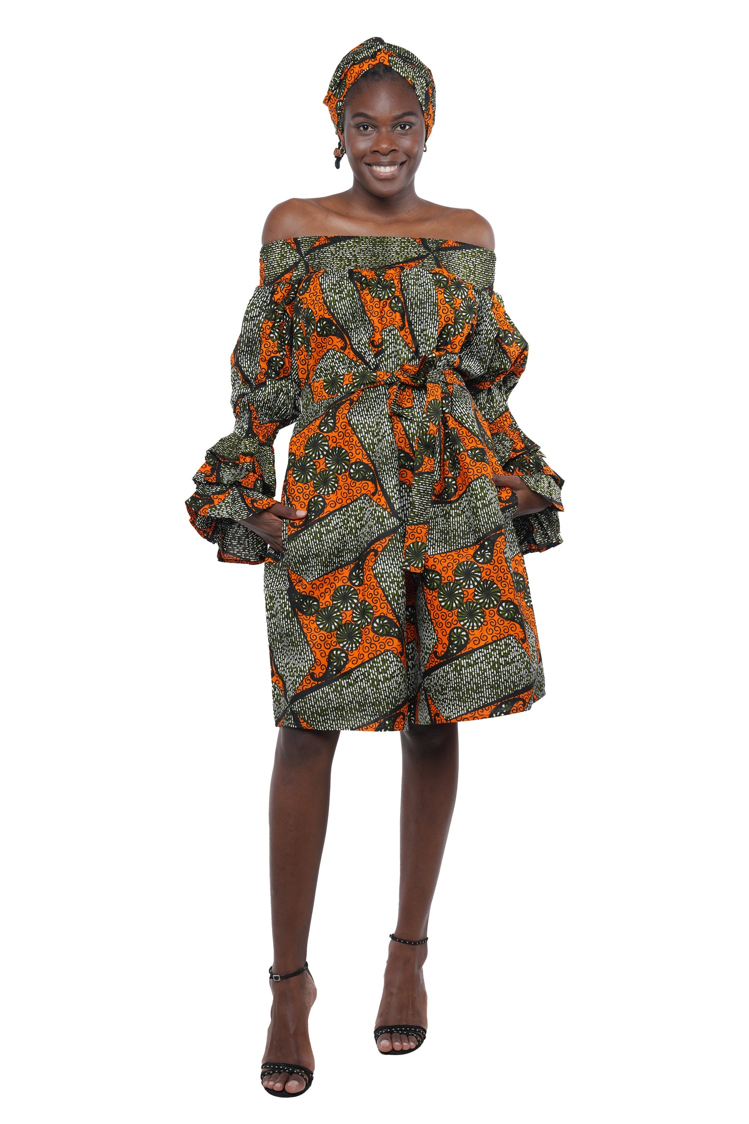 African off-the-shoulder midi dress with belt and headwrap
Afrocentric cotton midi dress with pockets
African attire for women – tribal print midi dress
African dresses for women