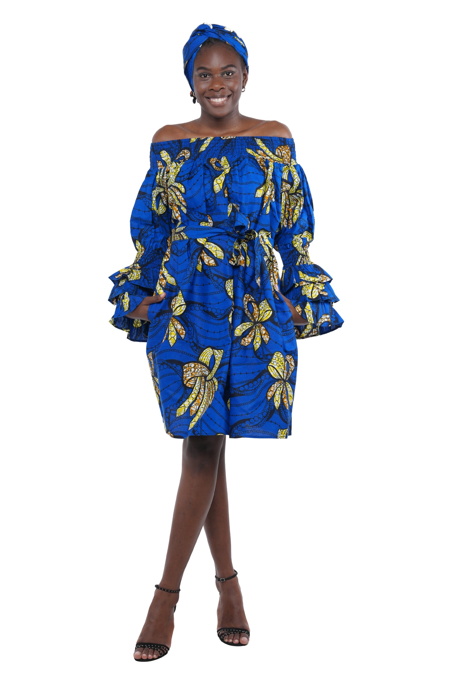 African off-the-shoulder midi dress with belt and headwrap
Afrocentric cotton midi dress with pockets
African attire for women – tribal print midi dress
African dresses for women