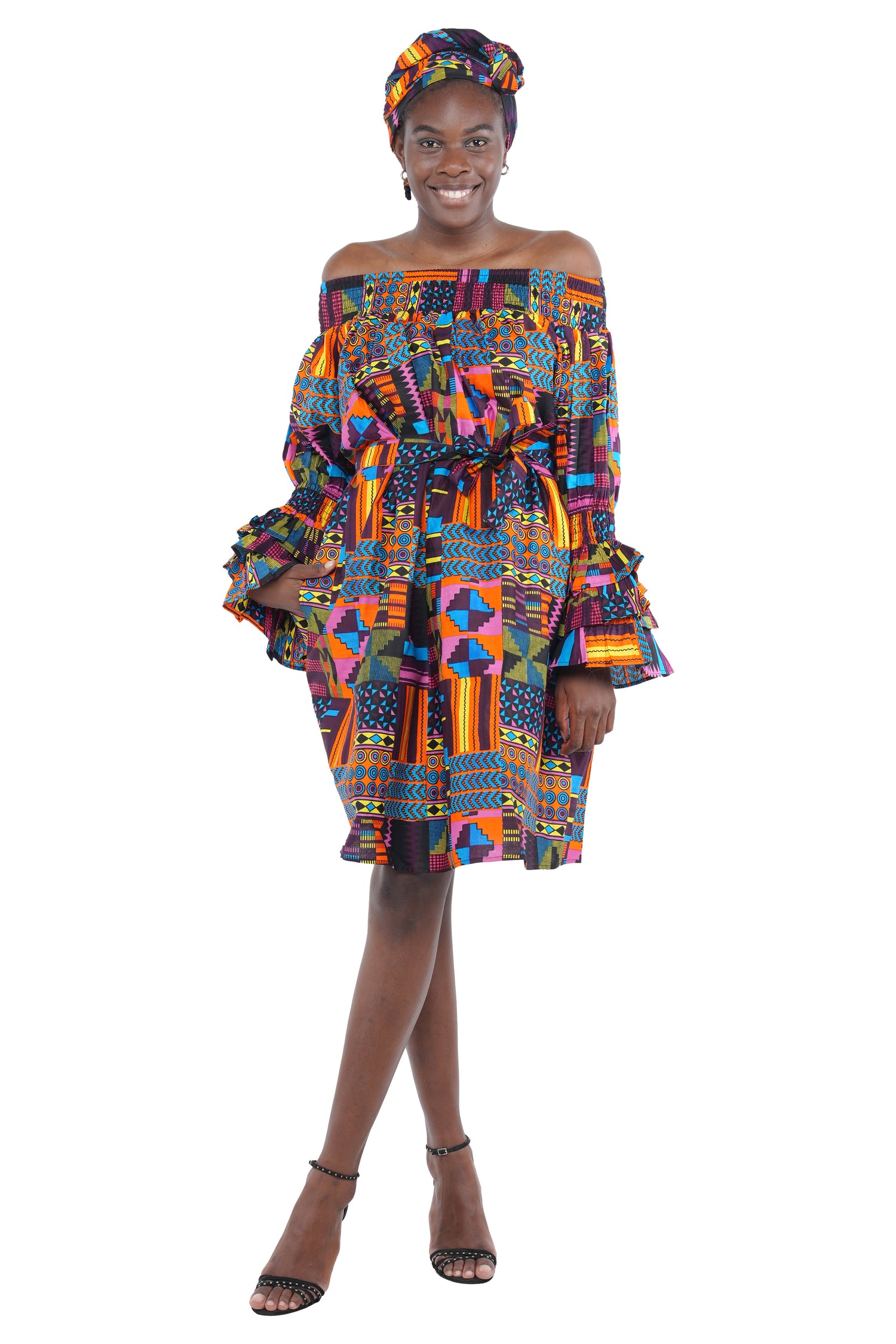 African off-the-shoulder midi dress with belt and headwrap
Afrocentric cotton midi dress with pockets
African attire for women – tribal print midi dress
African dresses for women