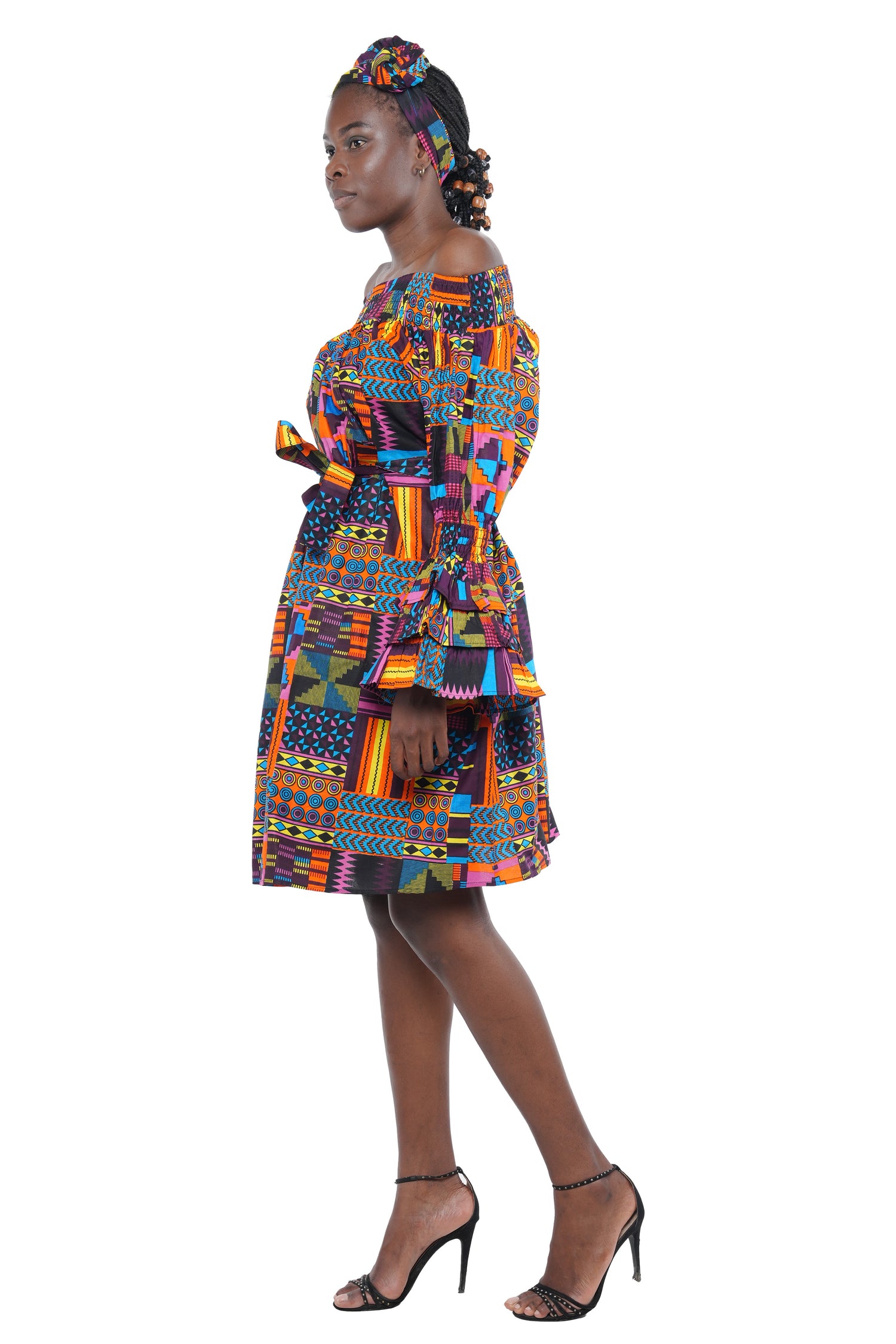 African off-the-shoulder midi dress with belt and headwrap
Afrocentric cotton midi dress with pockets
African attire for women – tribal print midi dress
African dresses for women