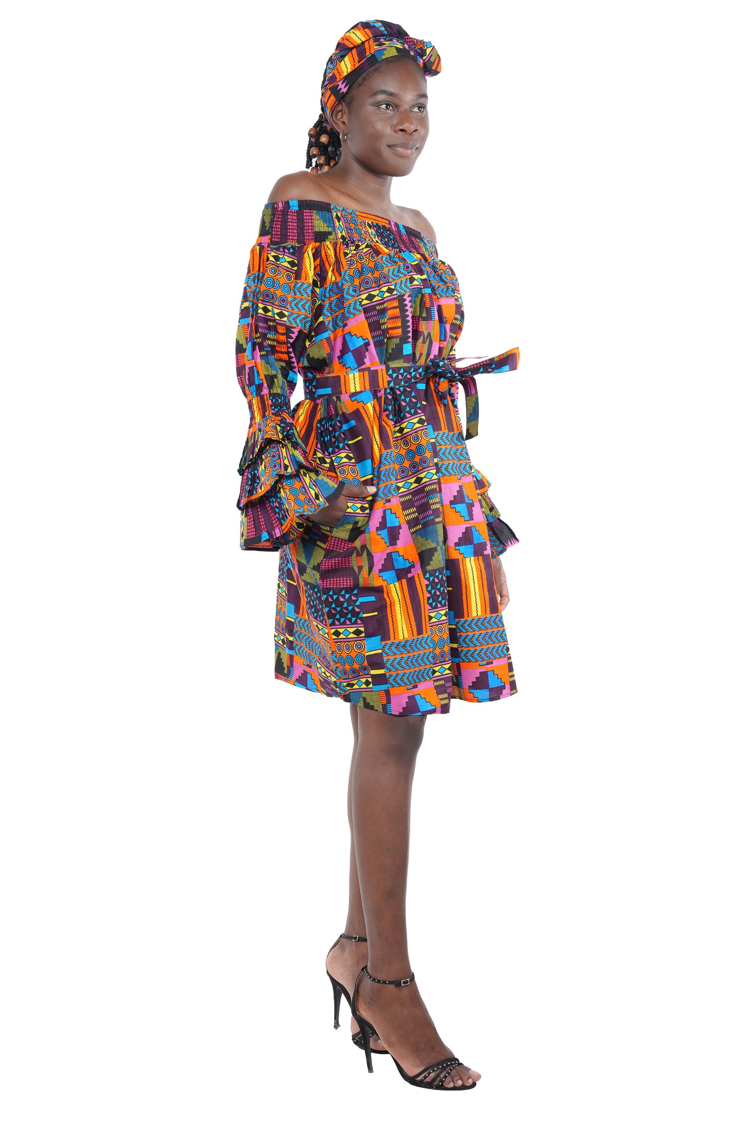 African off-the-shoulder midi dress with belt and headwrap
Afrocentric cotton midi dress with pockets
African attire for women – tribal print midi dress
African dresses for women