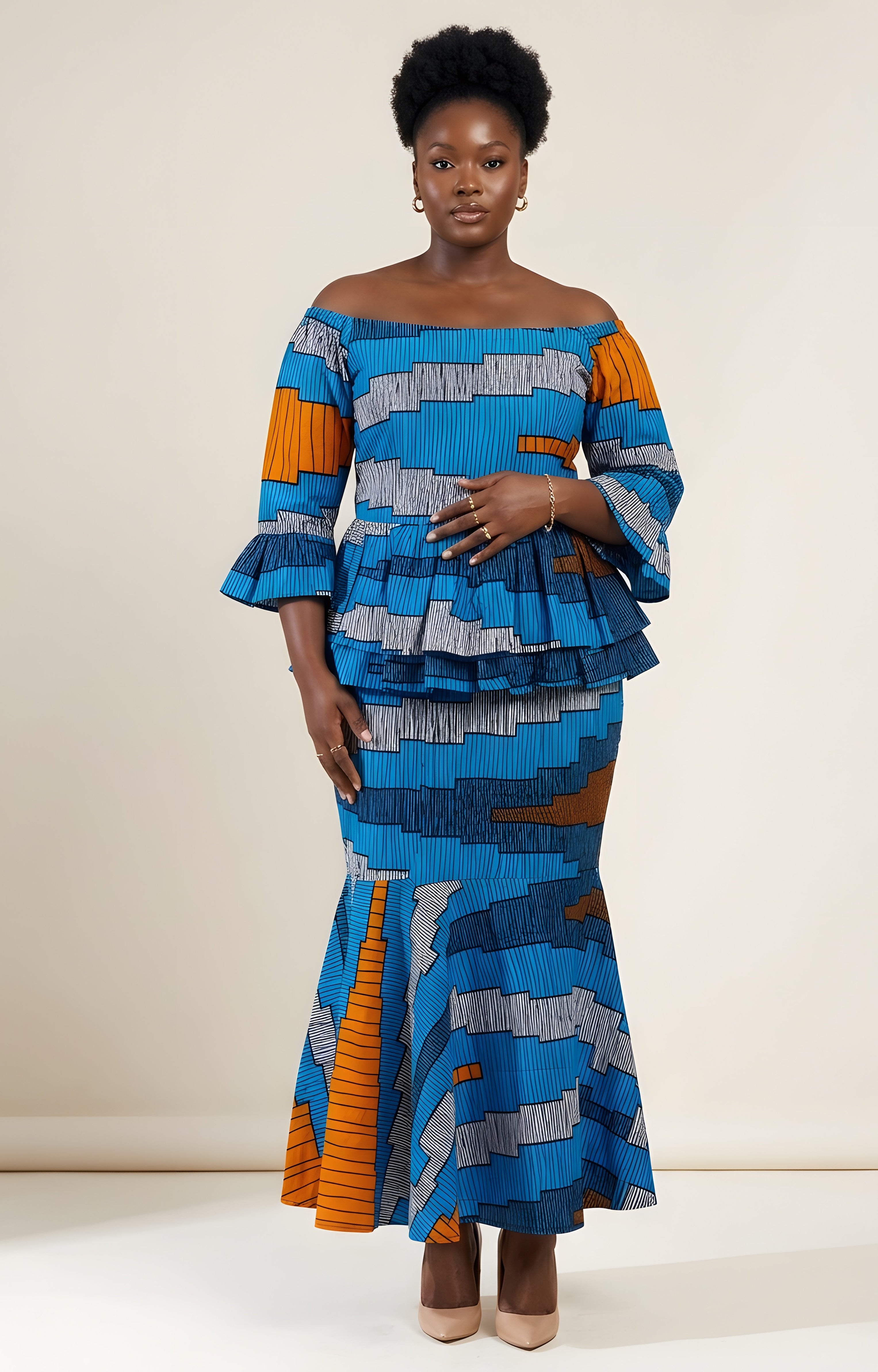 Elegant African Print Off-Shoulder Peplum Top & Mermaid Skirt Set | M to 3XL