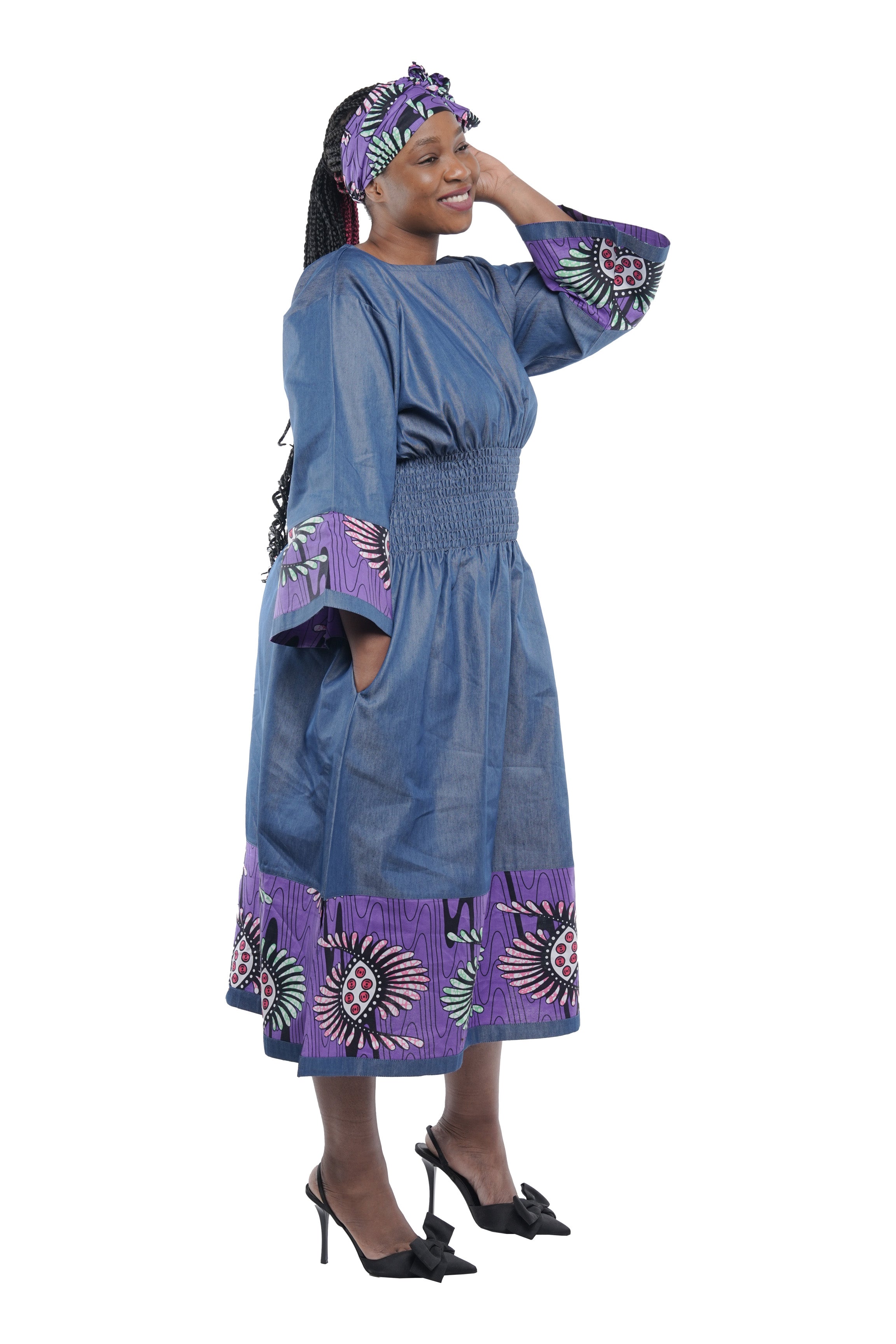African Trim Blue Midi Dress
