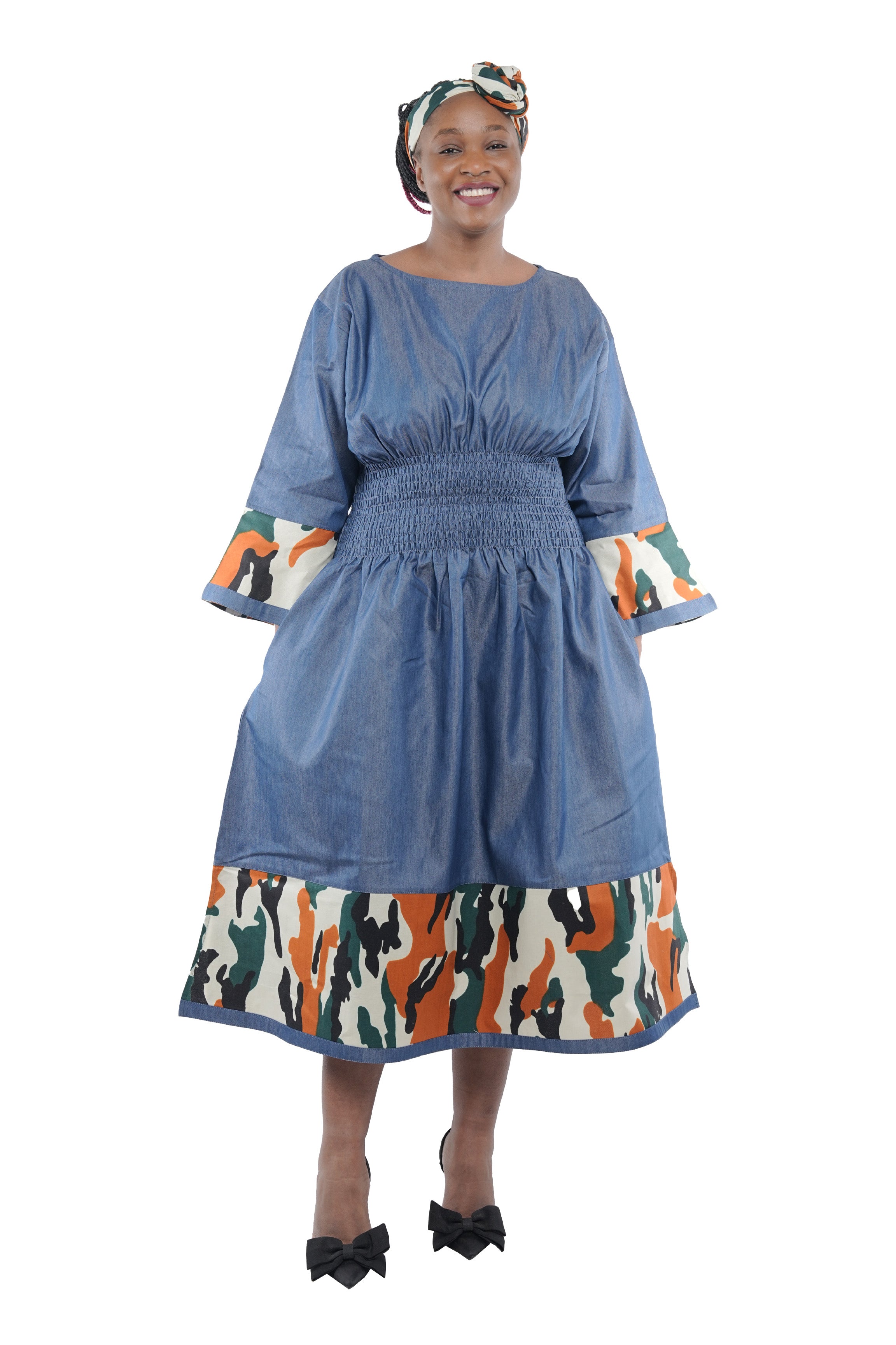 African Trim Blue Midi Dress
