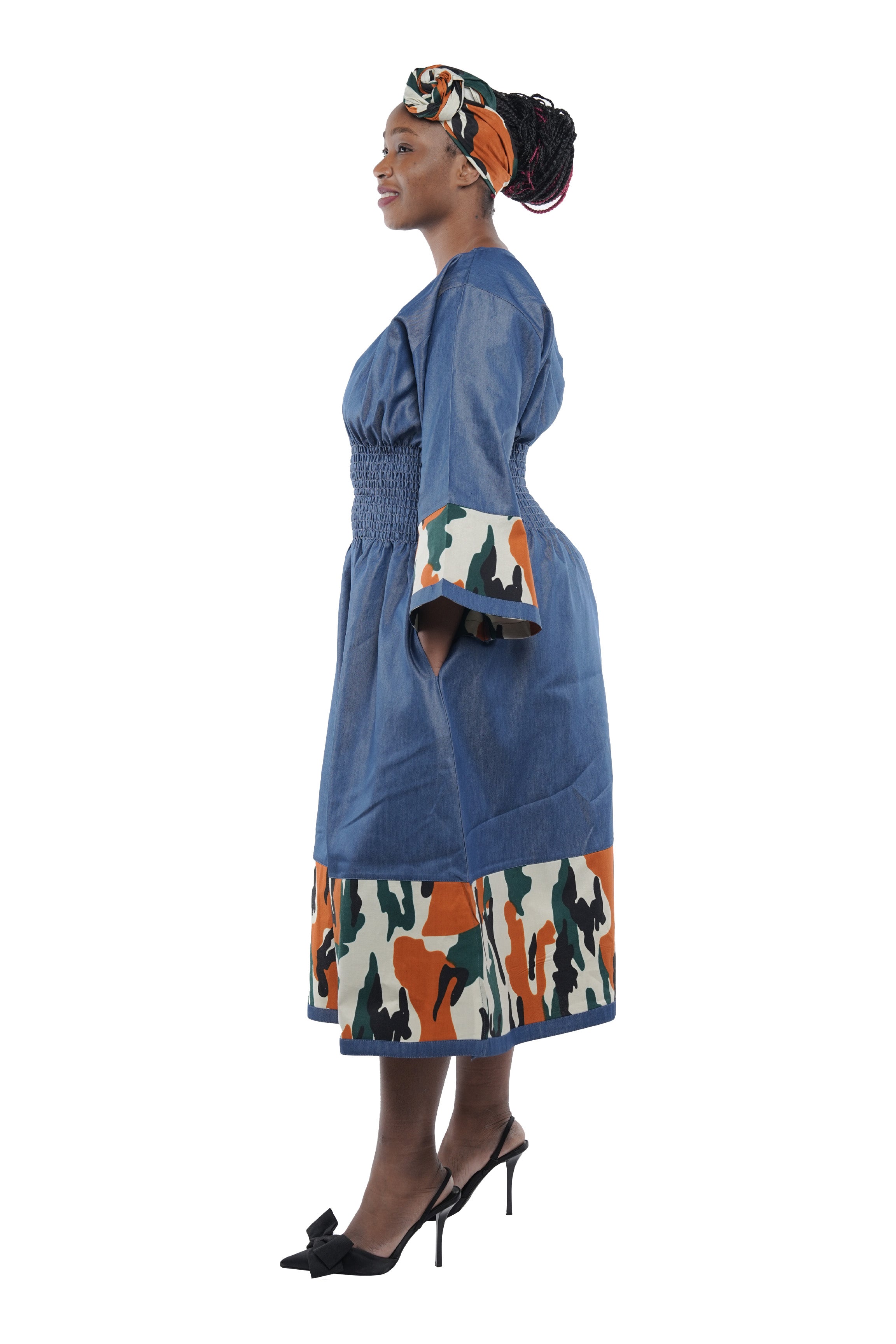 African Trim Blue Midi Dress