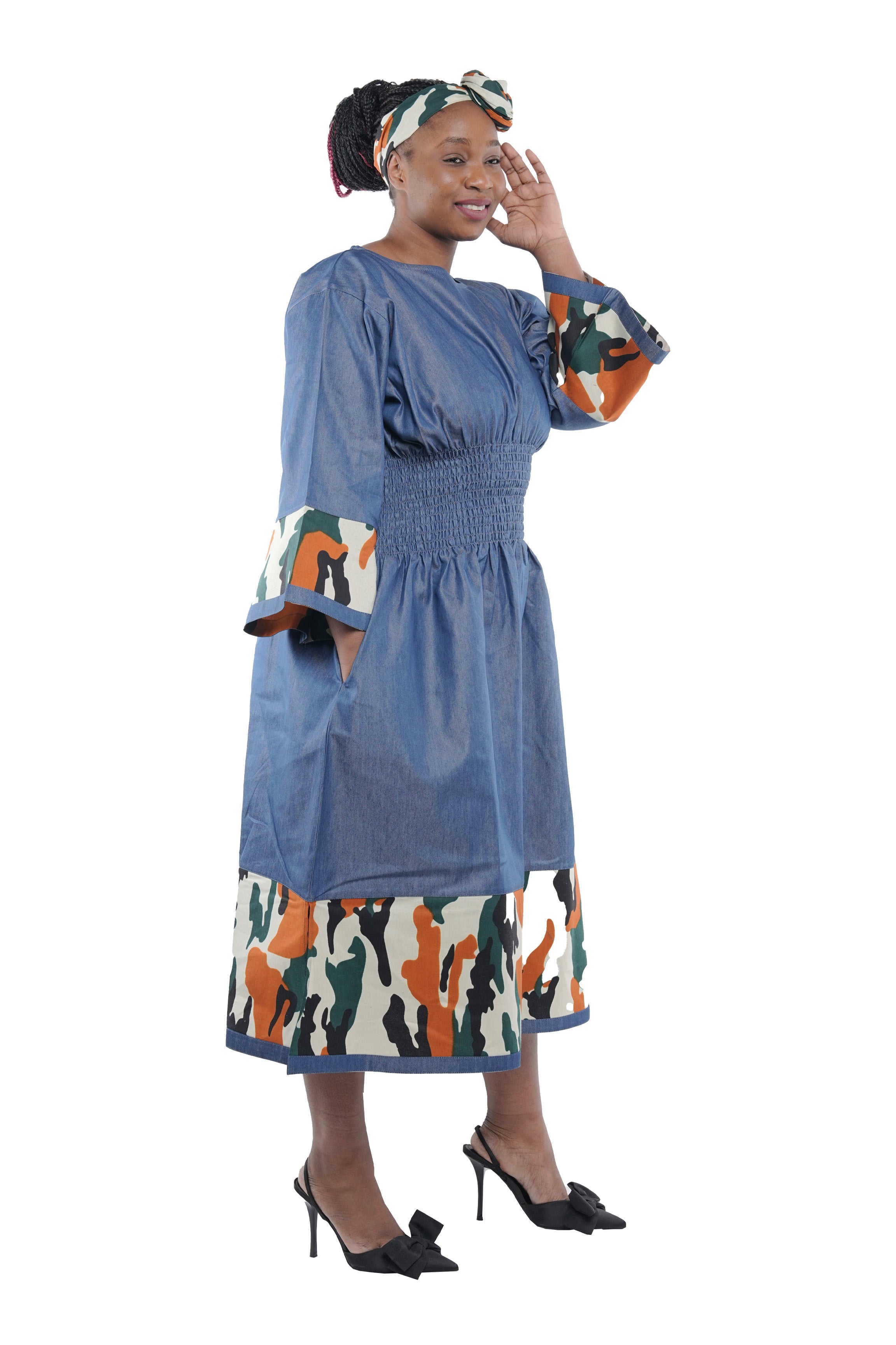 African Trim Blue Midi Dress