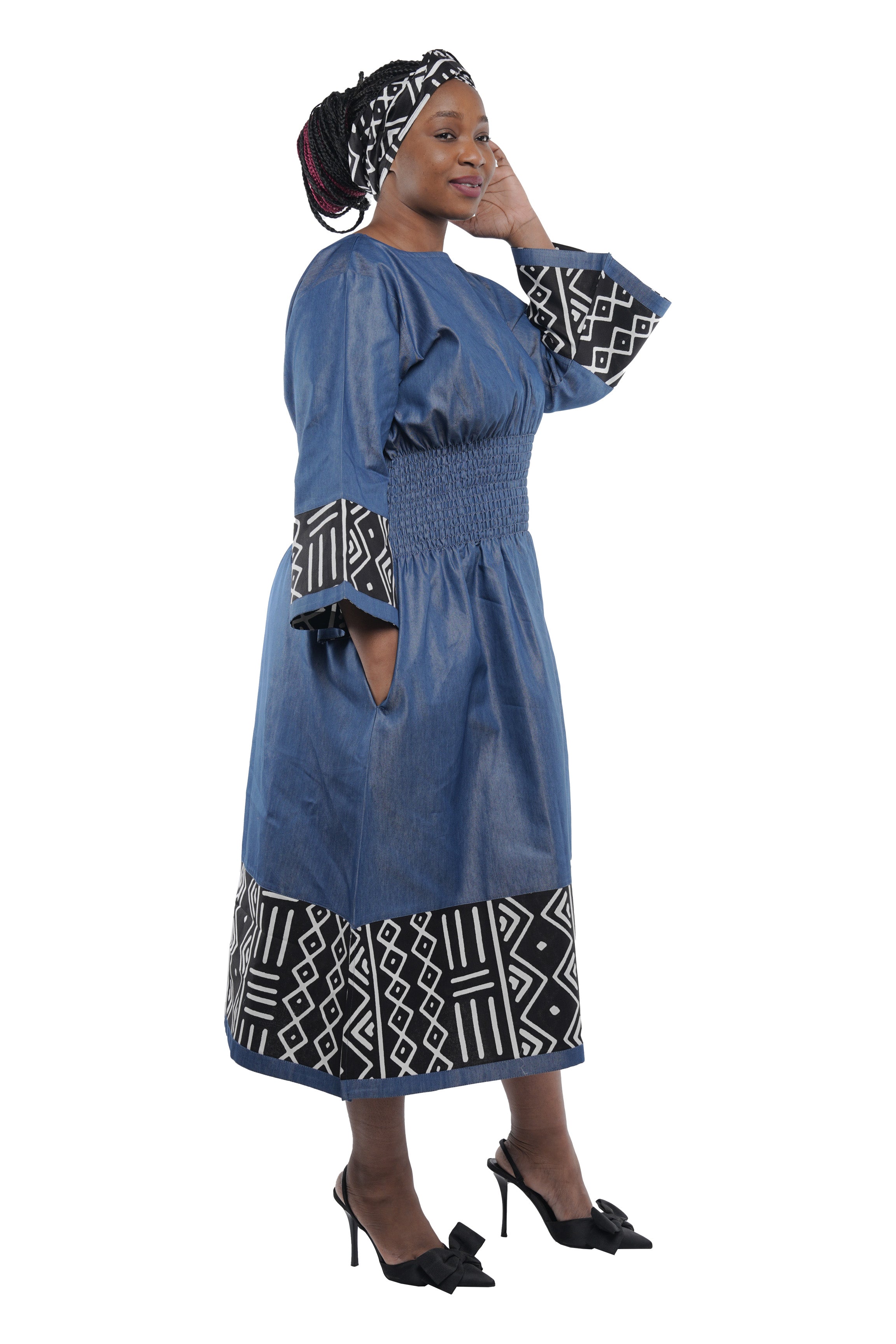 African Trim Blue Midi Dress