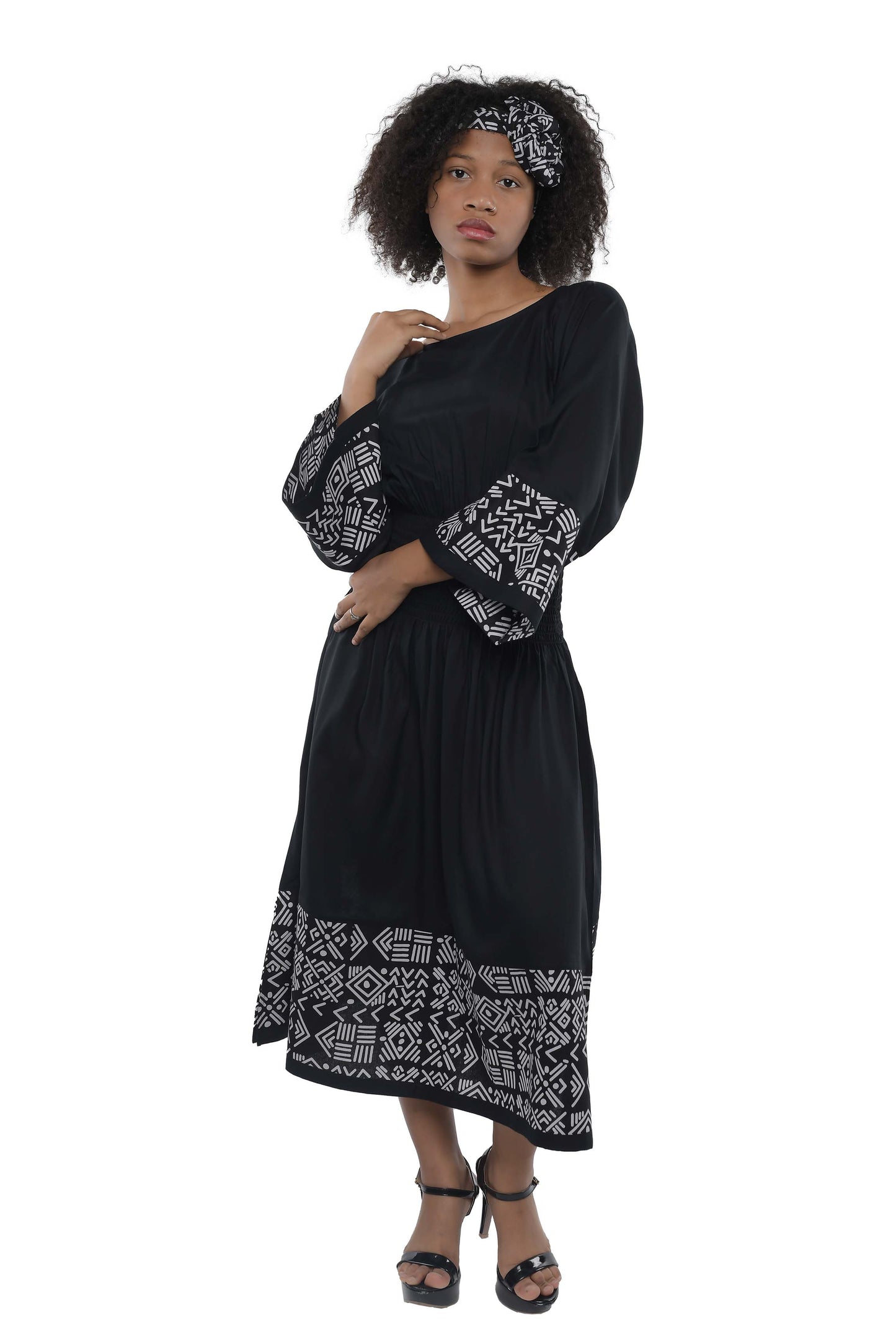 African Trim Black Midi Dress