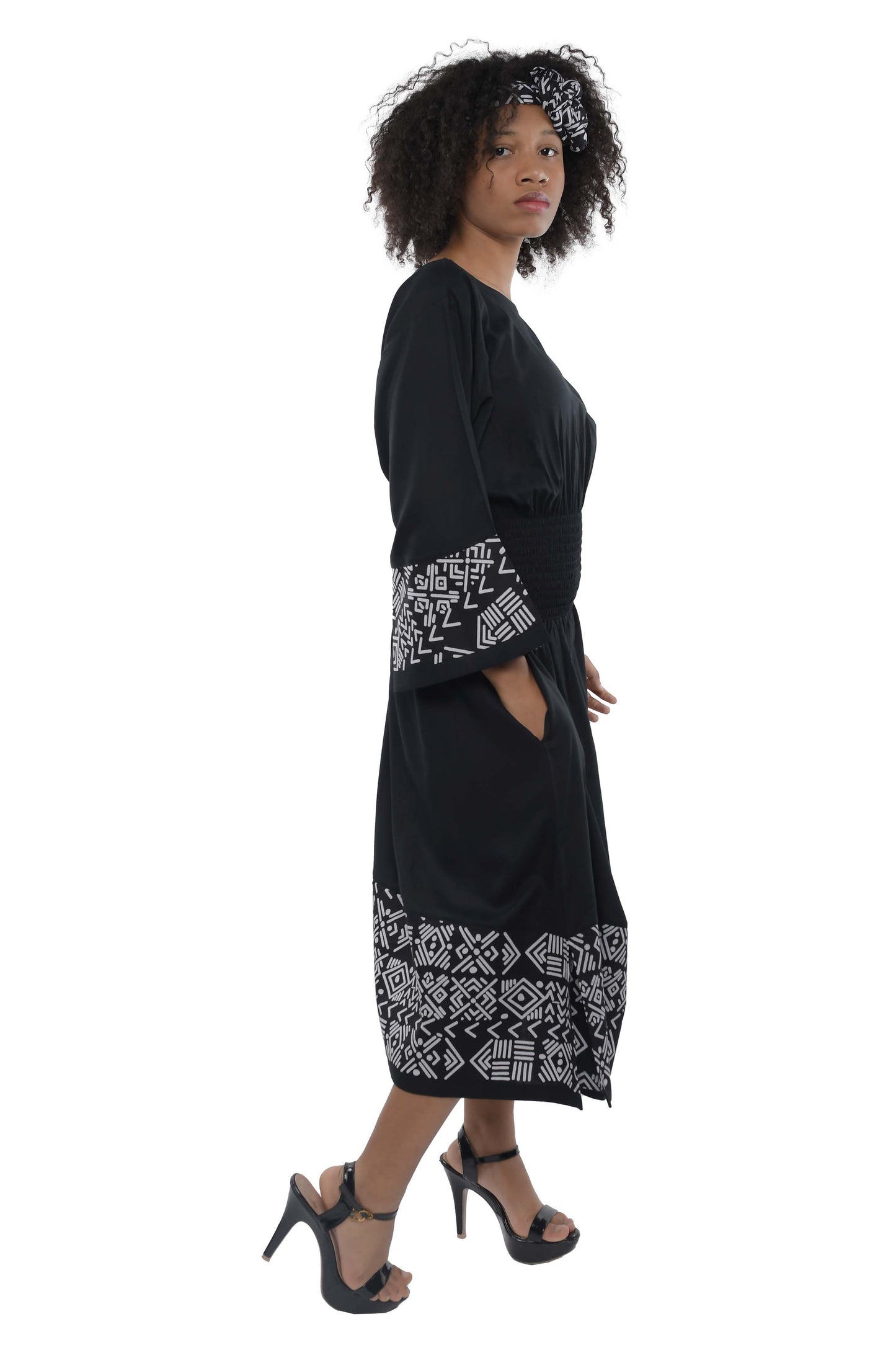African Trim Black Midi Dress