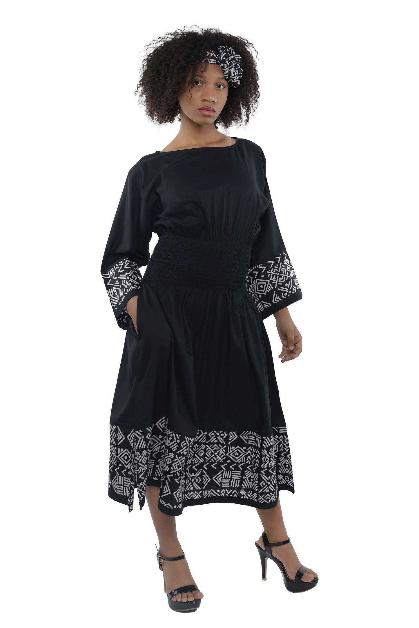 African Trim Black Midi Dress