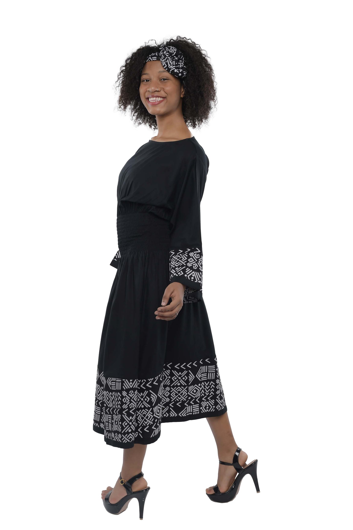 African Trim Black Midi Dress