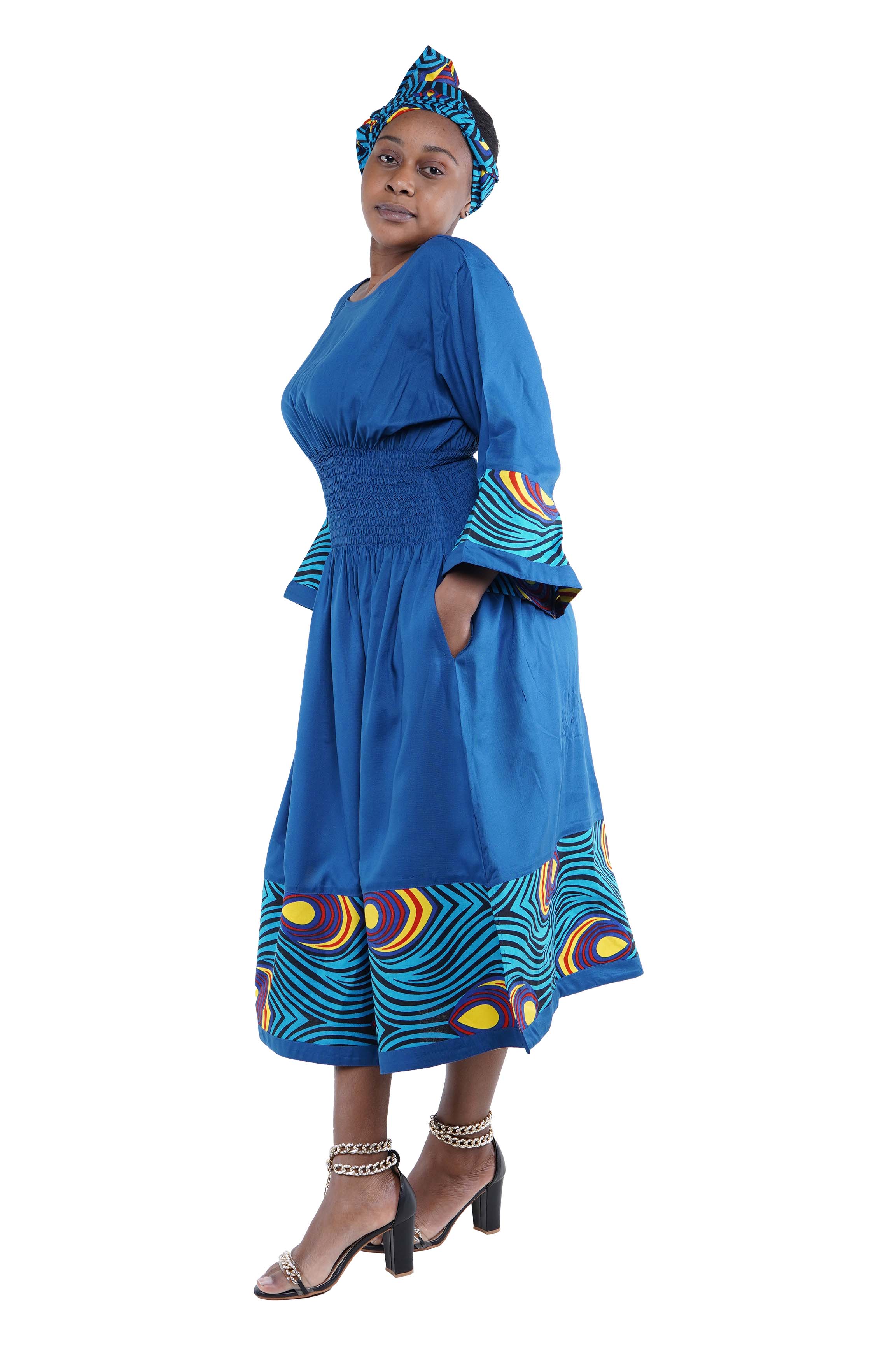 African Trim Blue Midi Dress