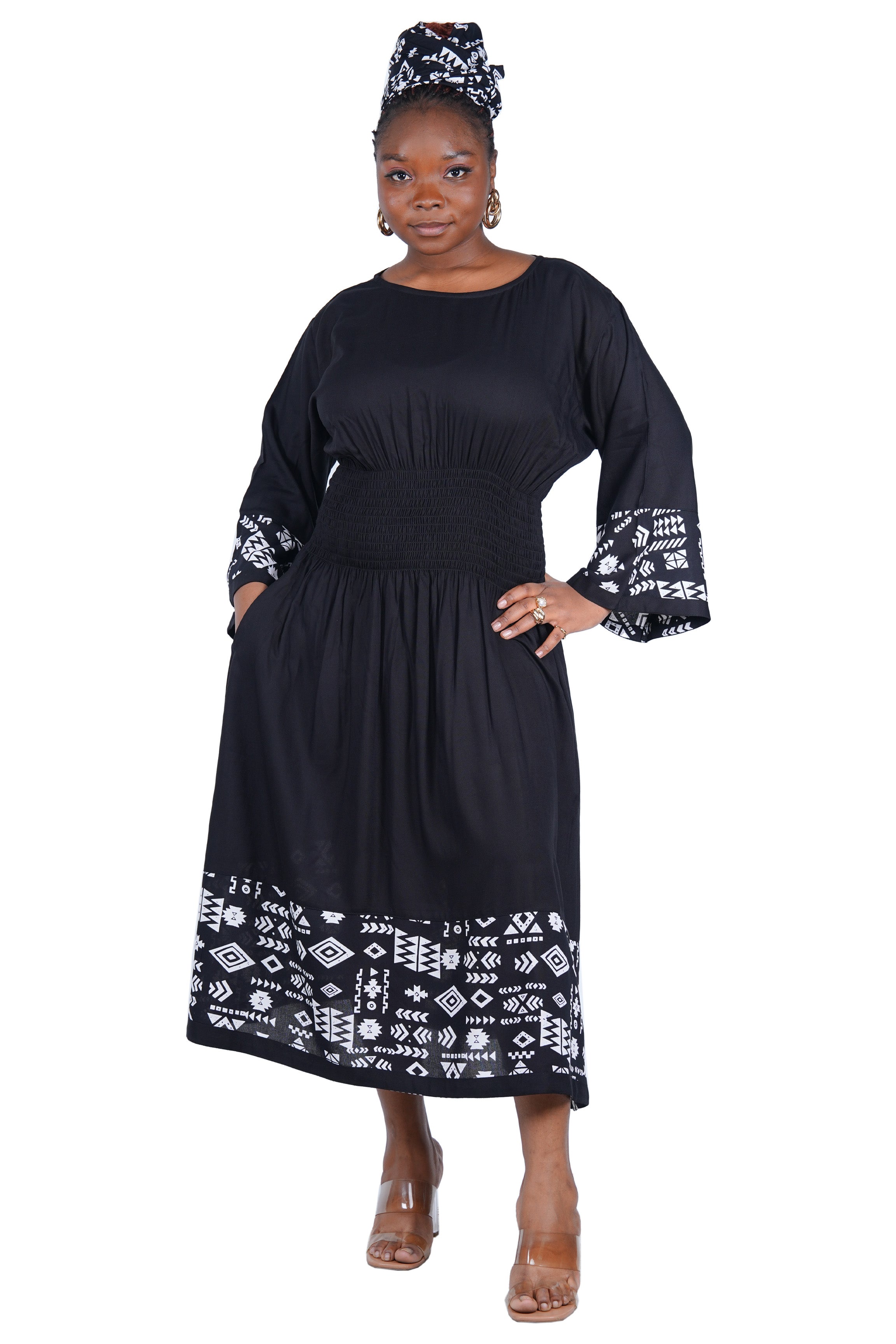 African Trim Midi Dress – Smocked, Headwrap & Pockets | 100% Rayon | Patch work