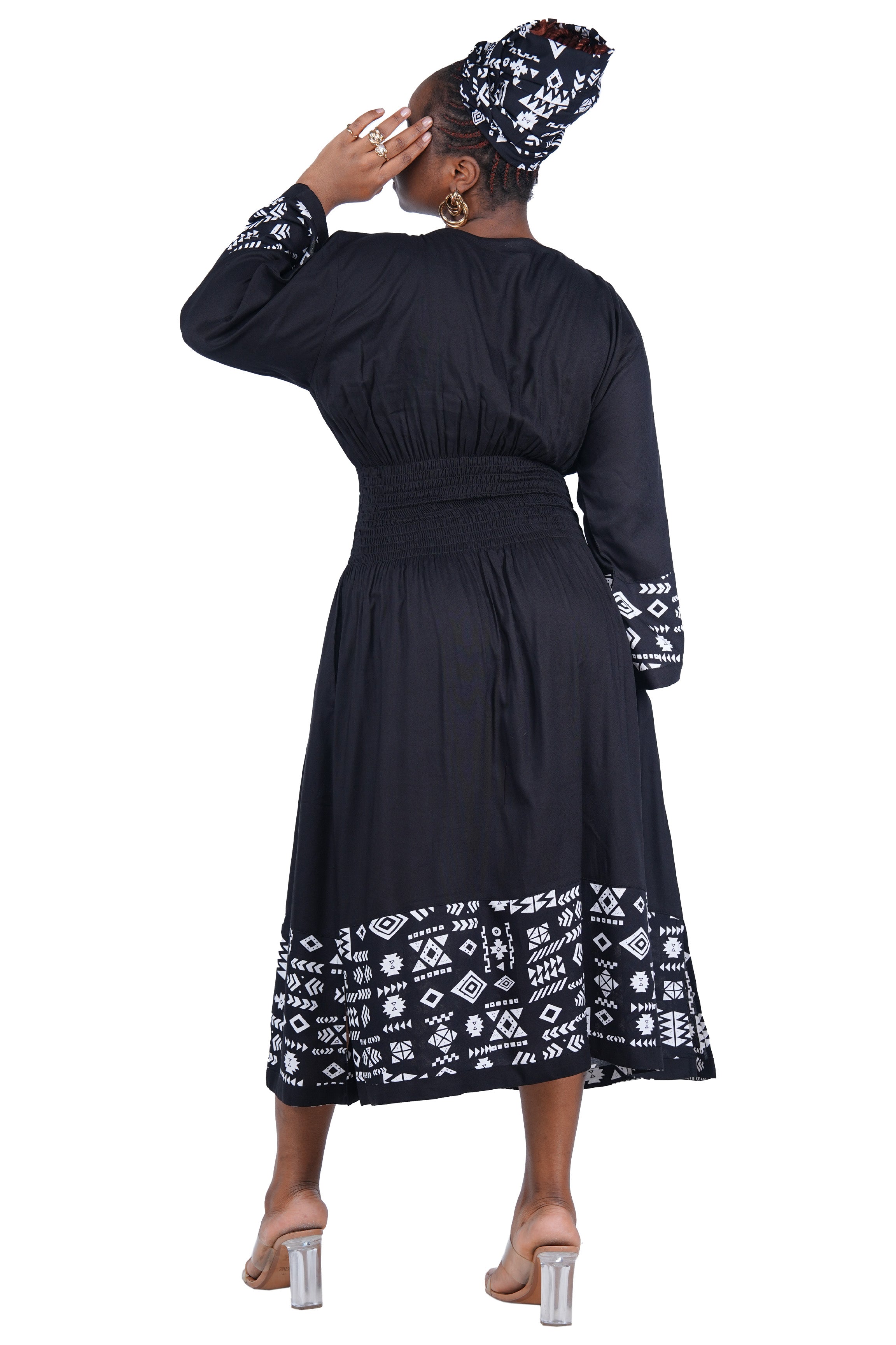 African Trim Midi Dress – Smocked, Headwrap & Pockets | 100% Rayon | Patch work