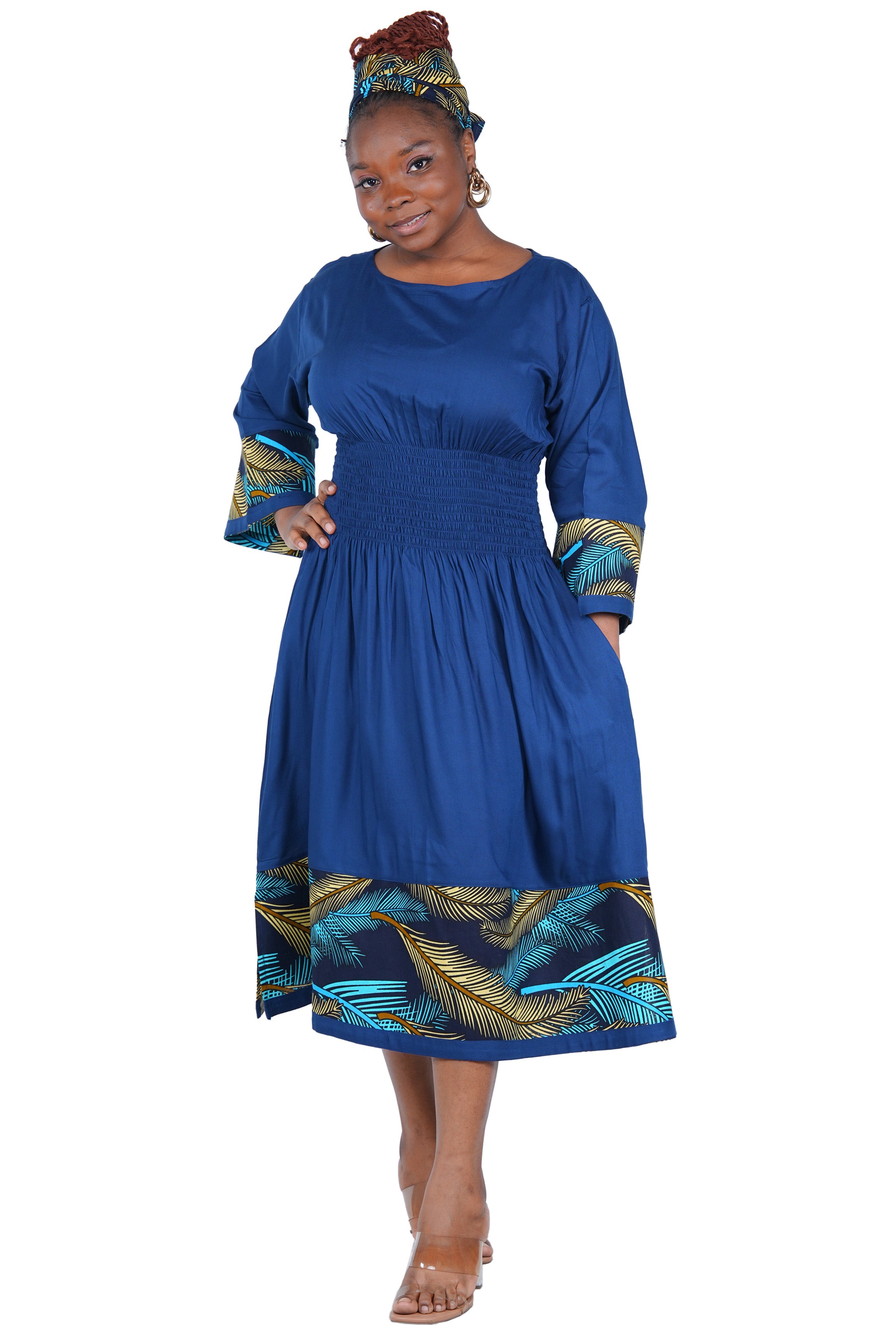 African Trim Midi Dress – Smocked, Headwrap & Pockets | 100% Rayon | Patch work