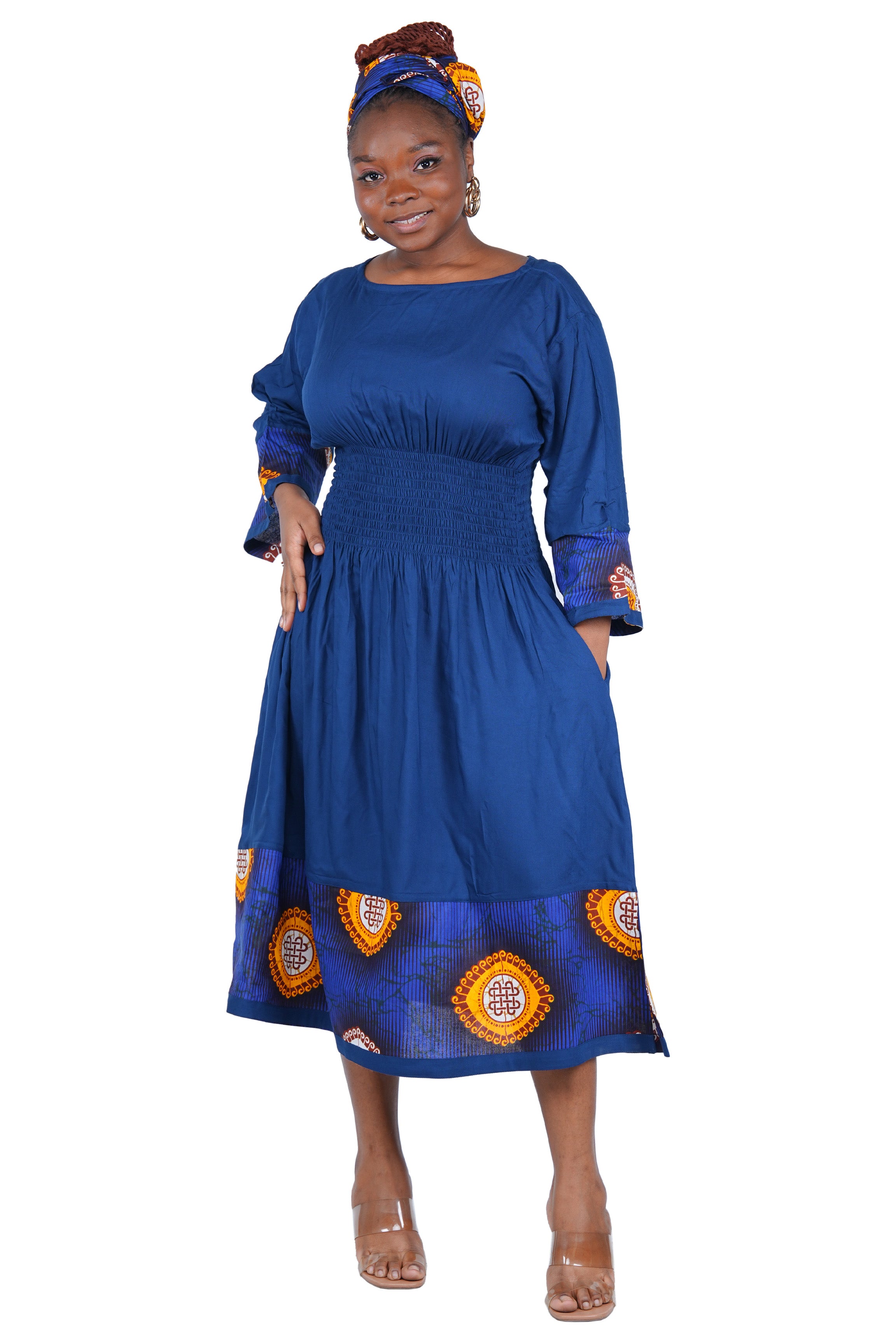 African Trim Midi Dress – Smocked, Headwrap & Pockets | 100% Rayon | Patch work