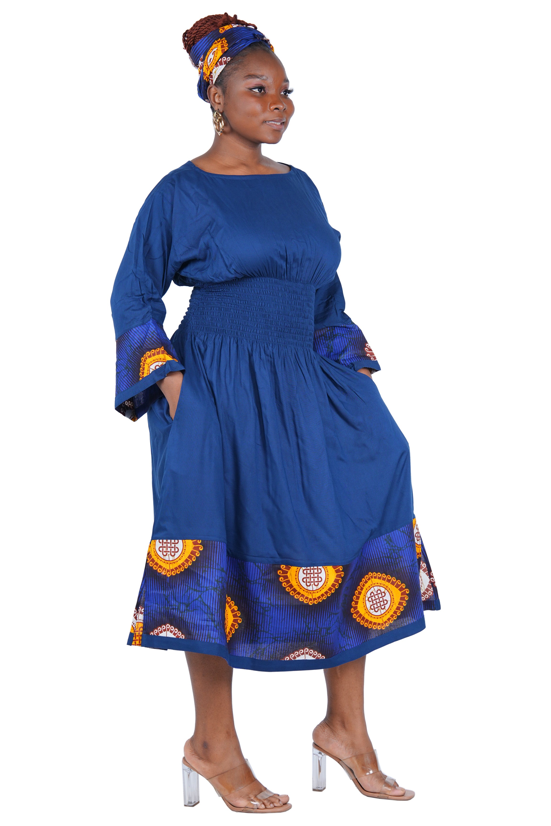 African Trim Midi Dress – Smocked, Headwrap & Pockets | 100% Rayon | Patch work