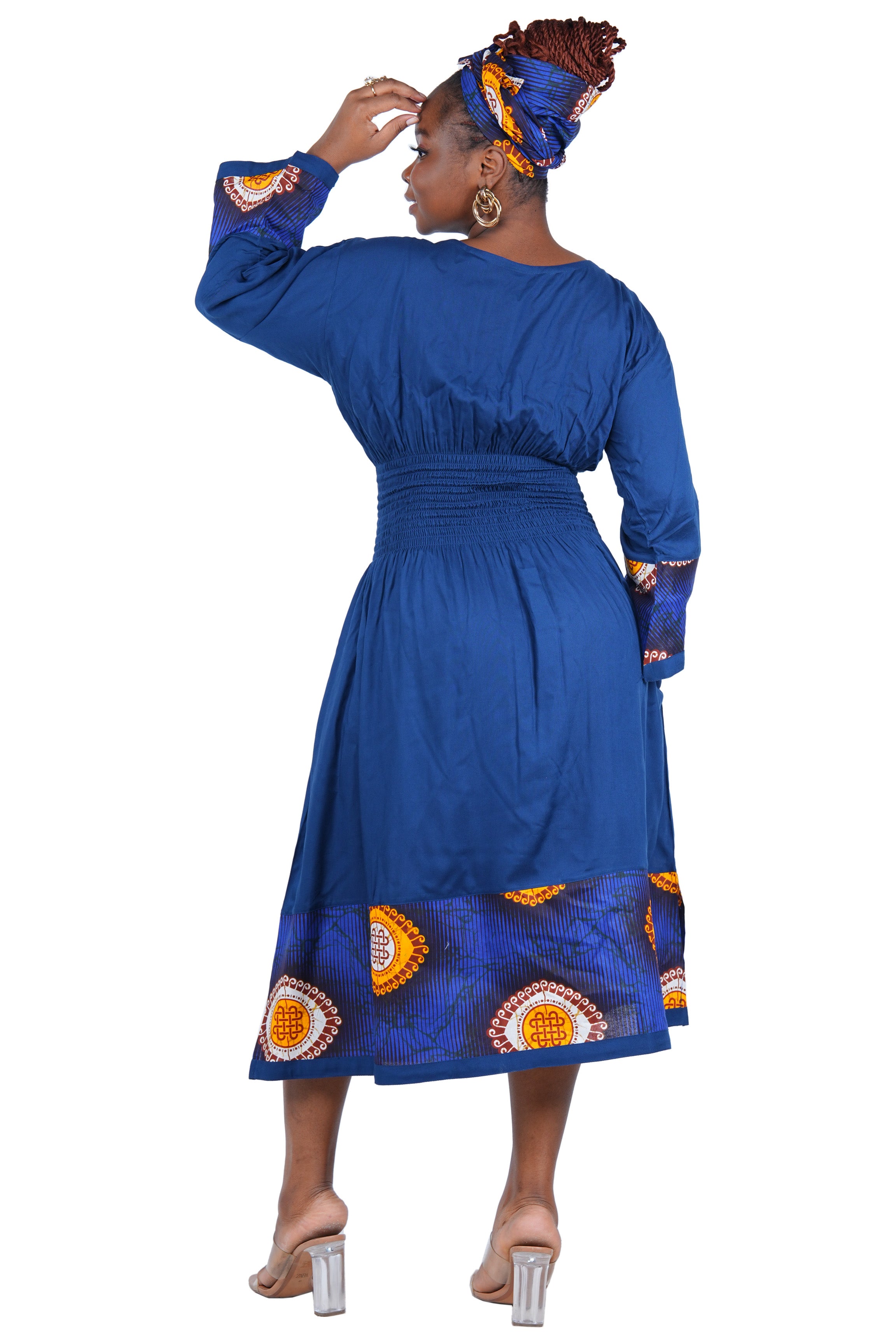 African Trim Midi Dress – Smocked, Headwrap & Pockets | 100% Rayon | Patch work