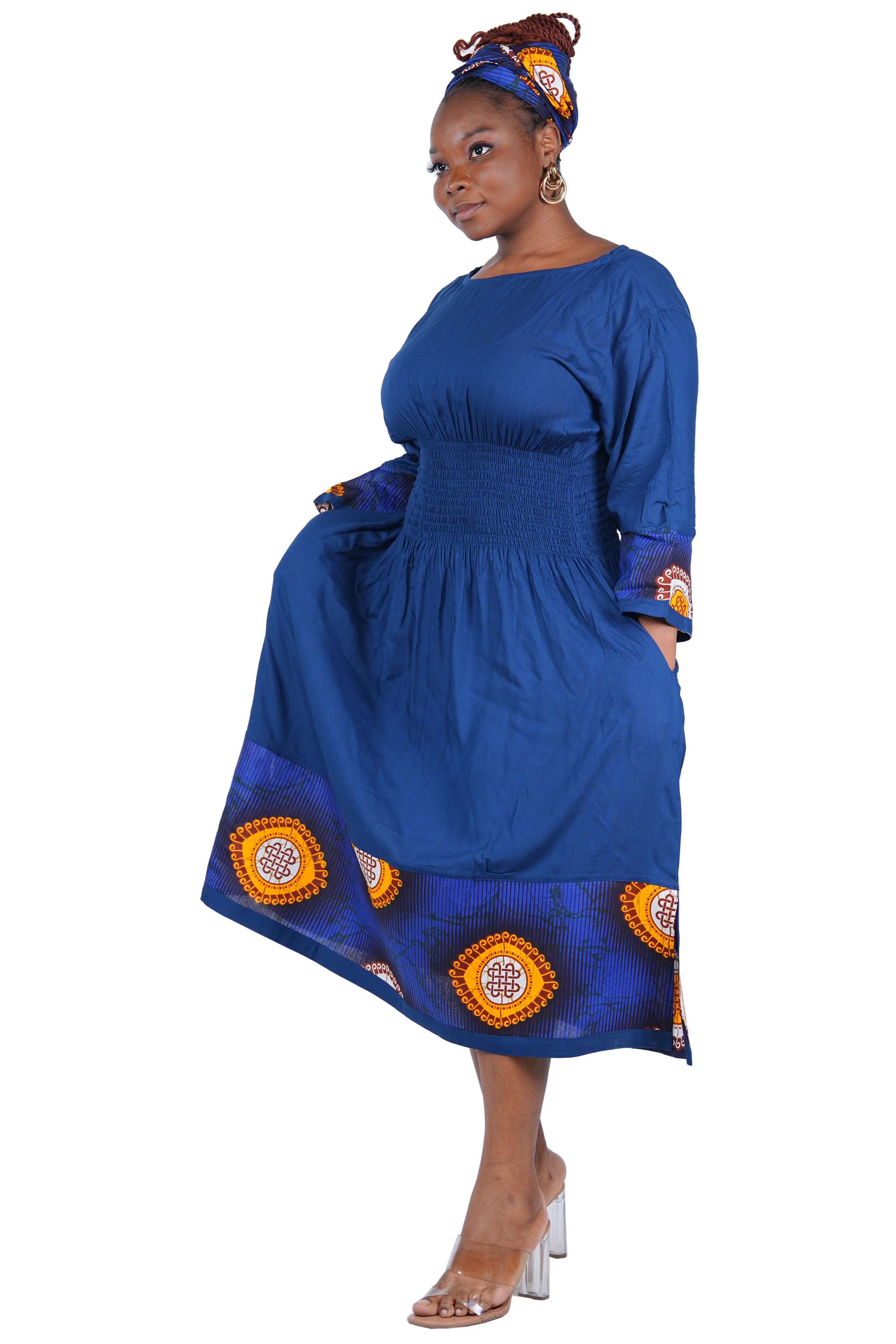 African Trim Midi Dress – Smocked, Headwrap & Pockets | 100% Rayon | Patch work
