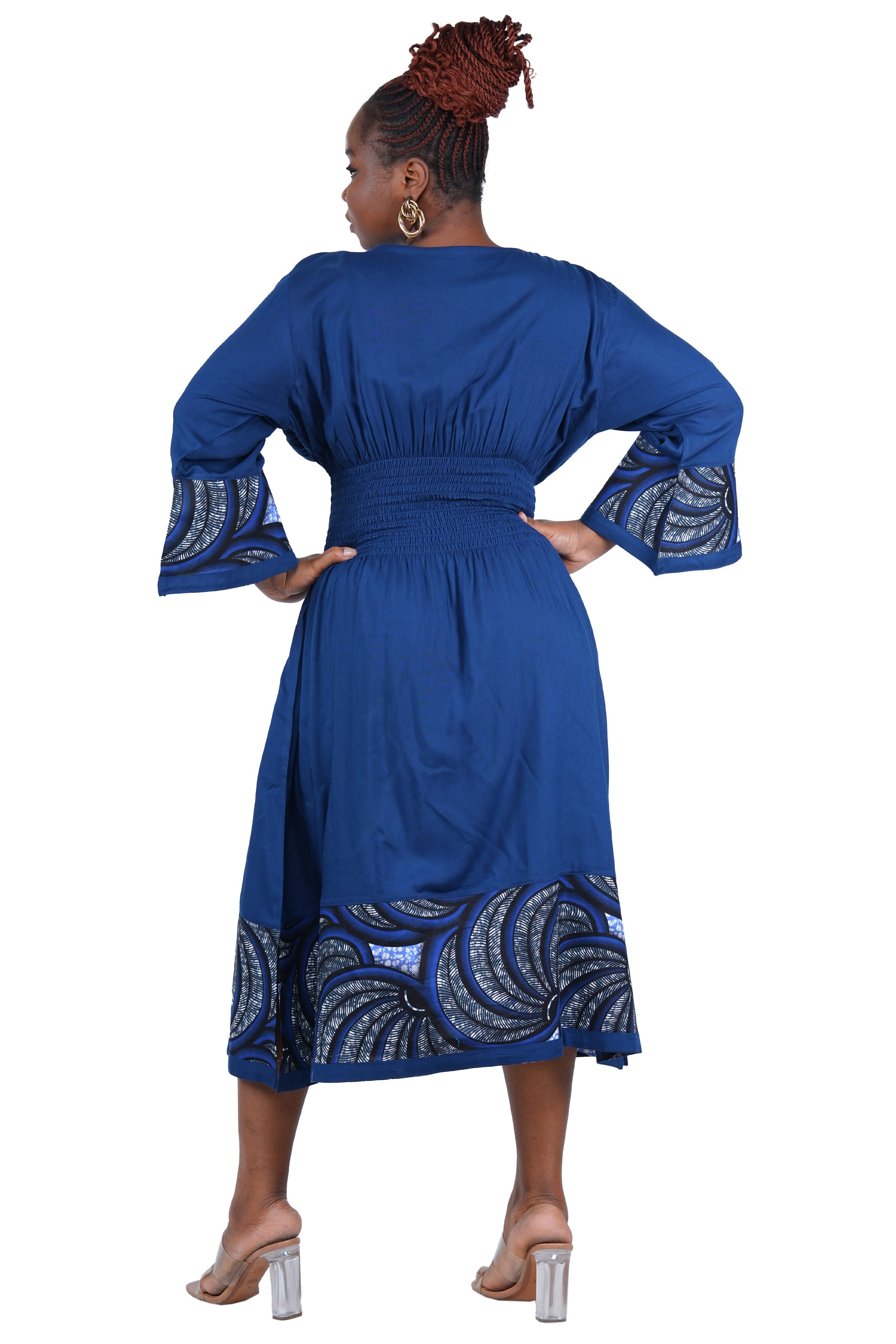 African Trim Midi Dress – Smocked, Headwrap & Pockets | 100% Rayon | Patch work