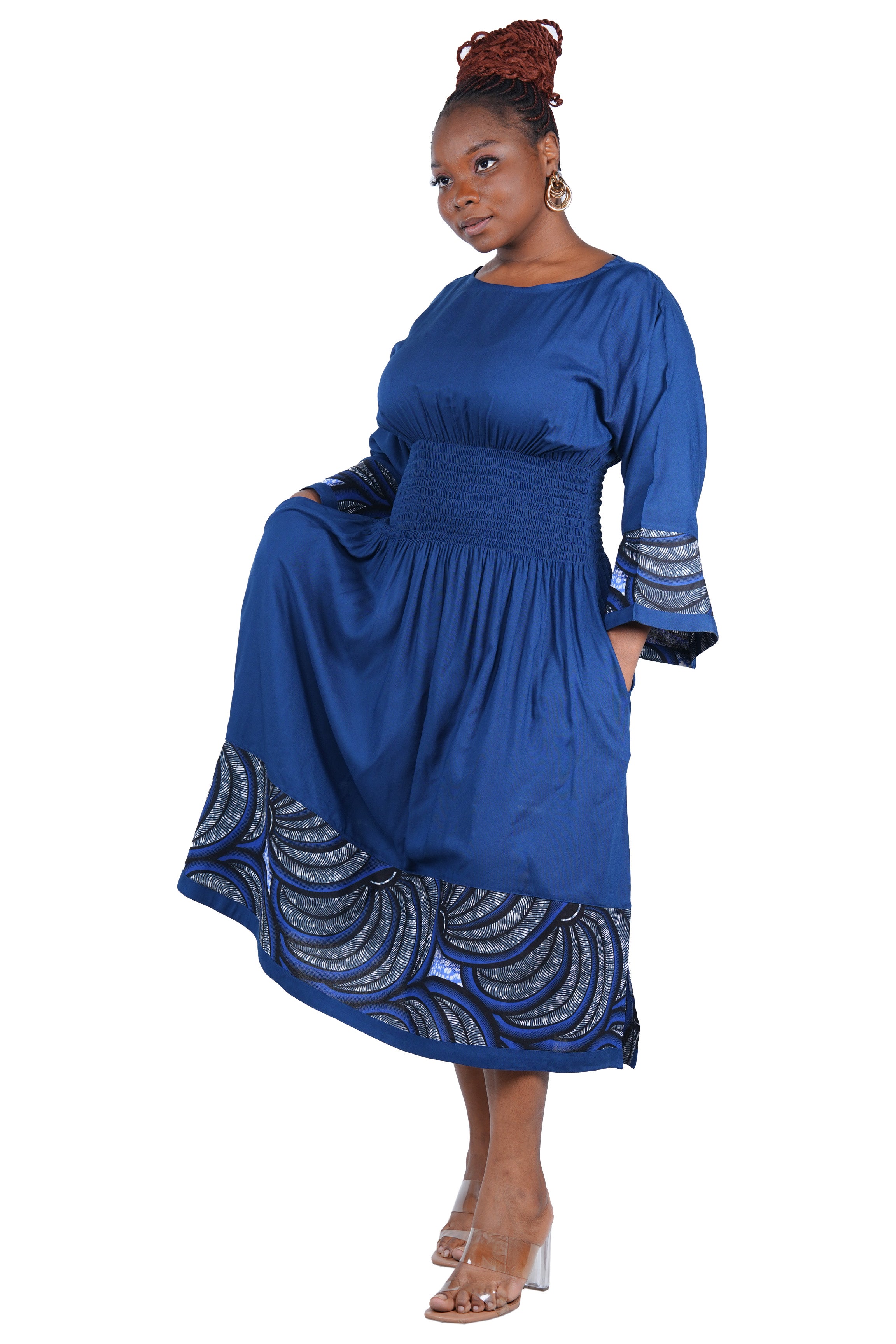 African Trim Midi Dress – Smocked, Headwrap & Pockets | 100% Rayon | Patch work