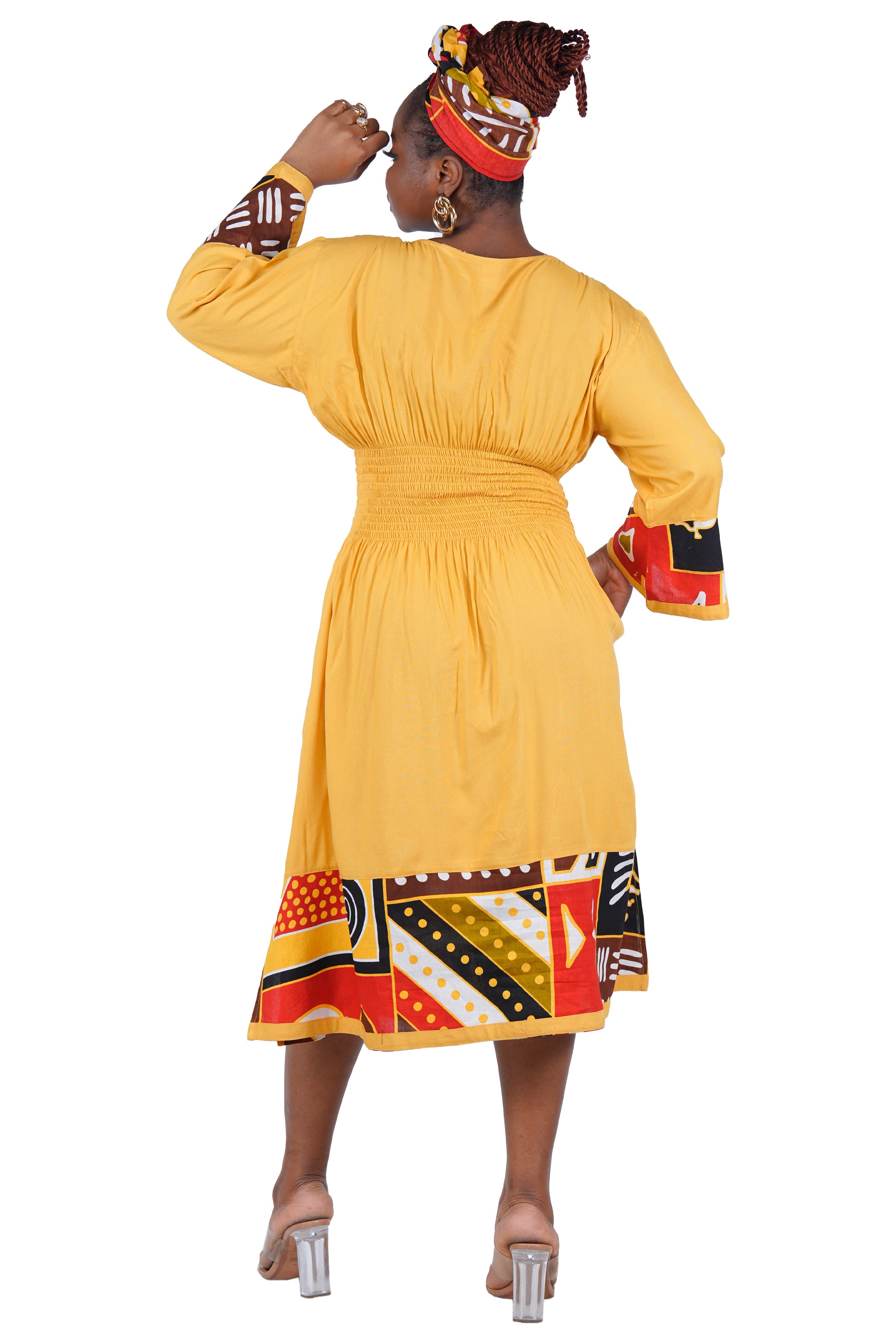 African Trim Midi Dress – Smocked, Headwrap & Pockets | 100% Rayon | Patch work