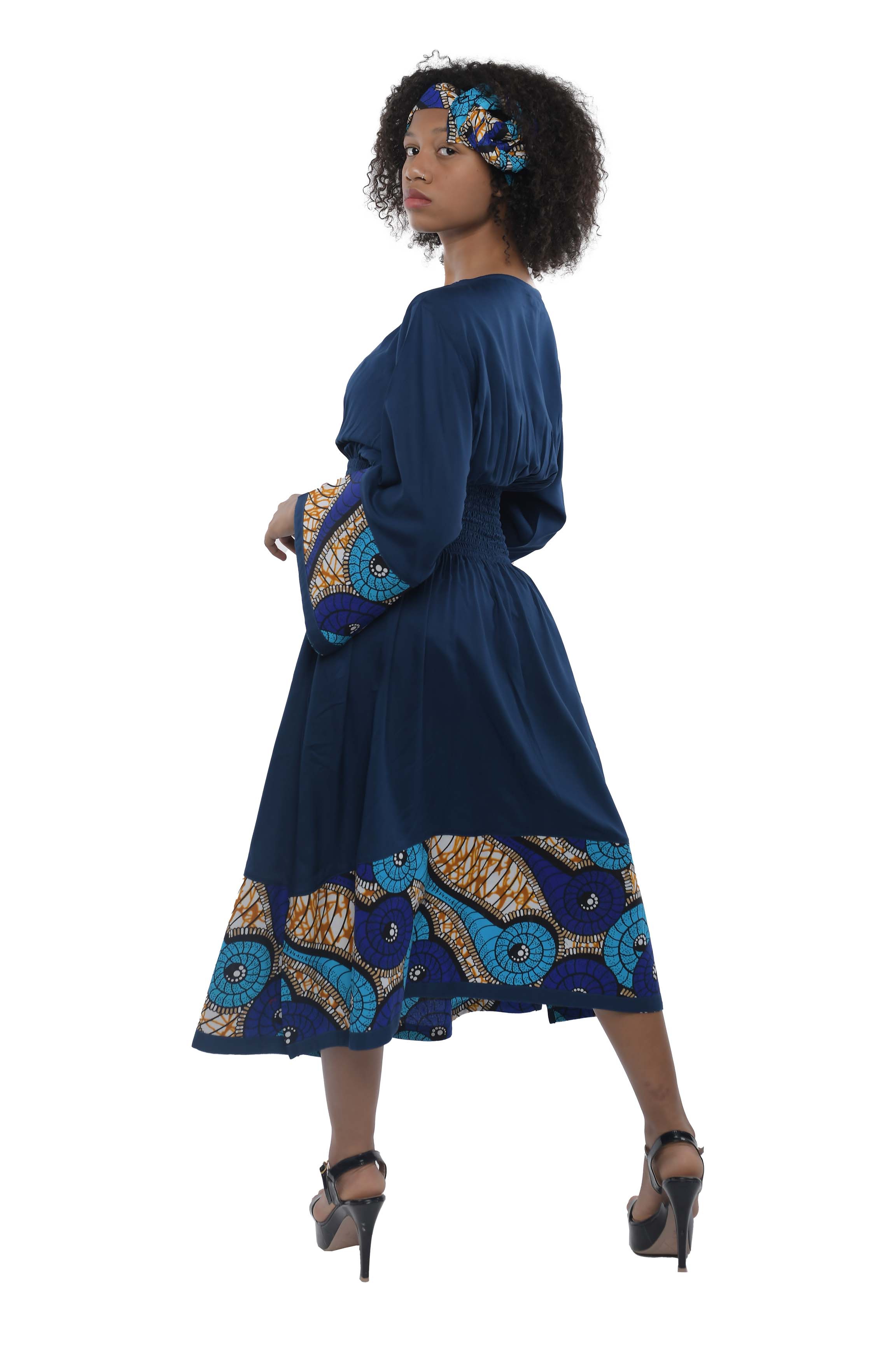 African Trim Midi Dress – Smocked, Headwrap & Pockets | 100% Rayon | patch work