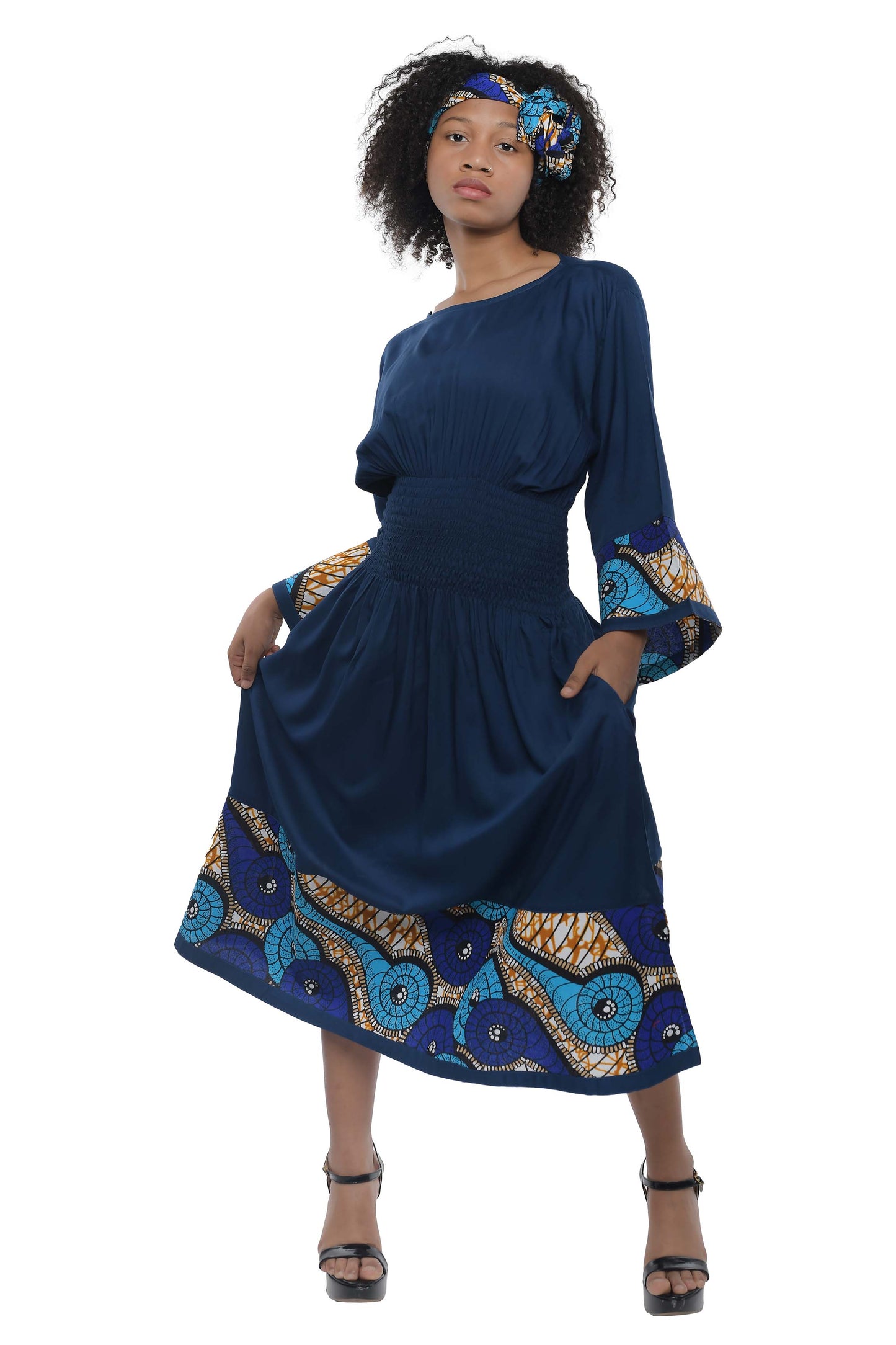 African Trim Black Midi Dress