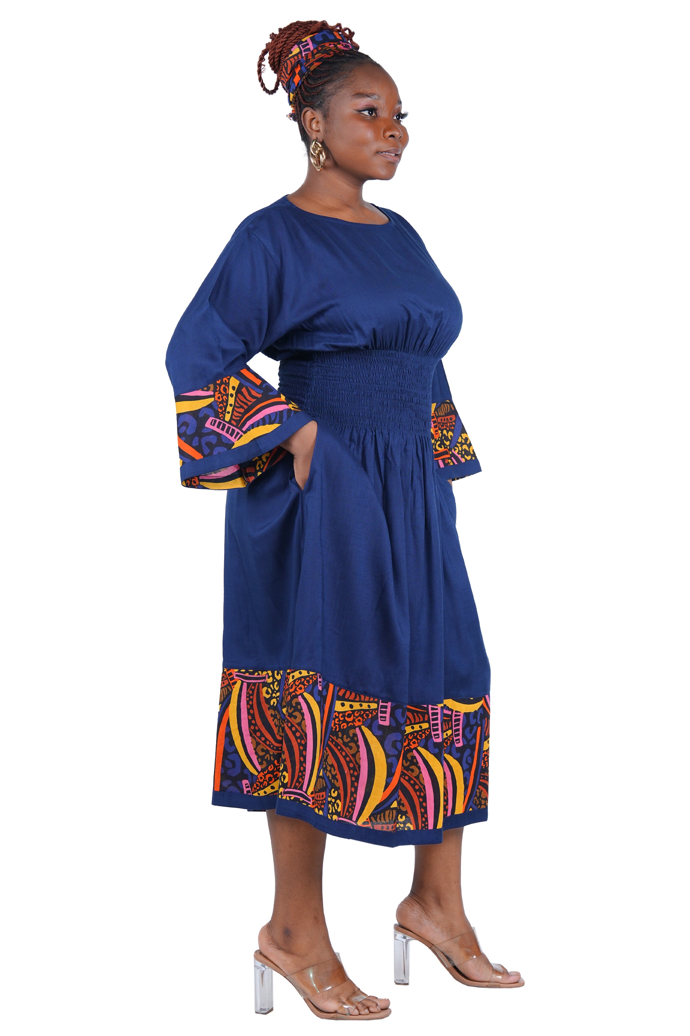 African Trim Midi Dress – Smocked, Headwrap & Pockets | 100% Rayon | Patch work
