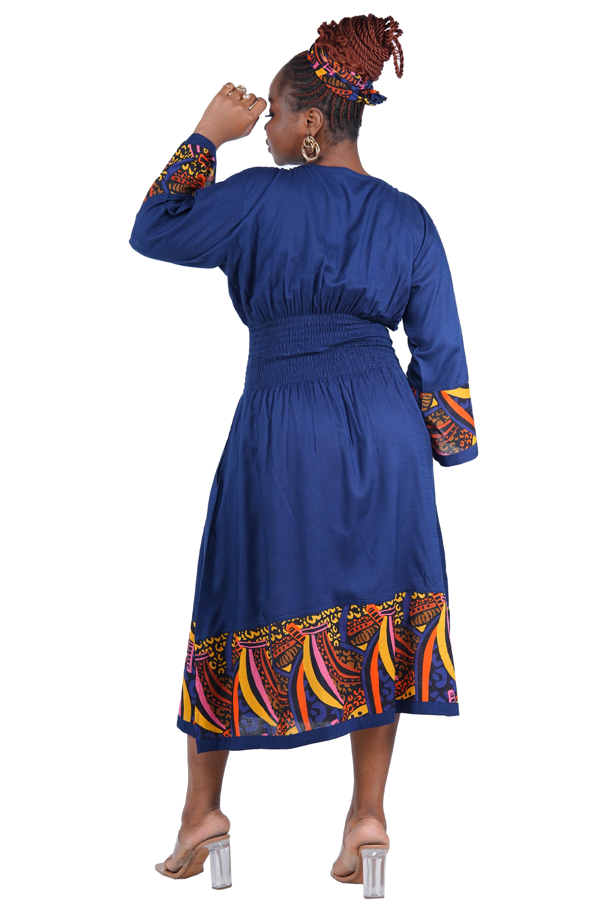 African Trim Midi Dress – Smocked, Headwrap & Pockets | 100% Rayon | Patch work