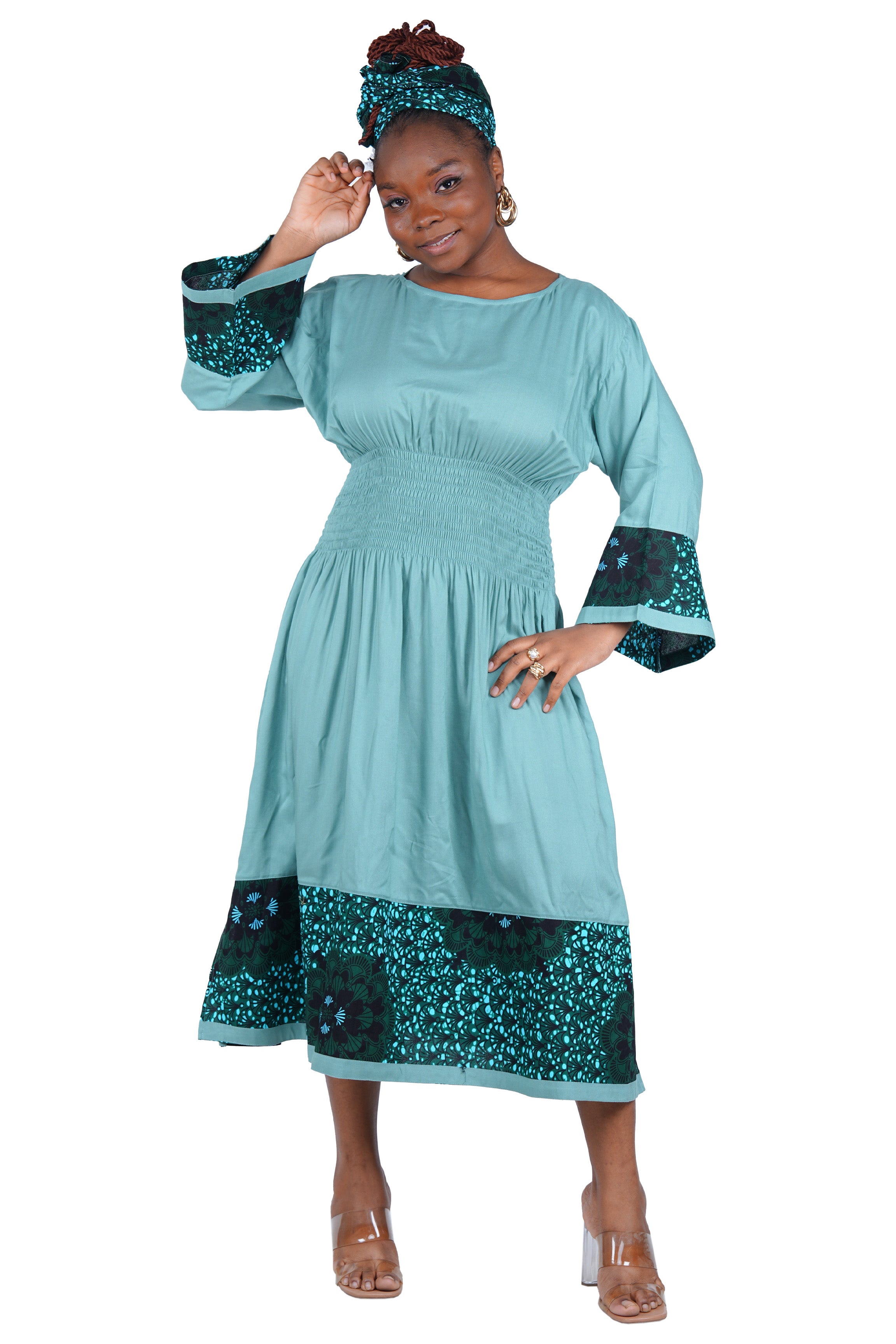 African Trim Midi Dress – Smocked, Headwrap & Pockets | 100% Rayon | Patch work