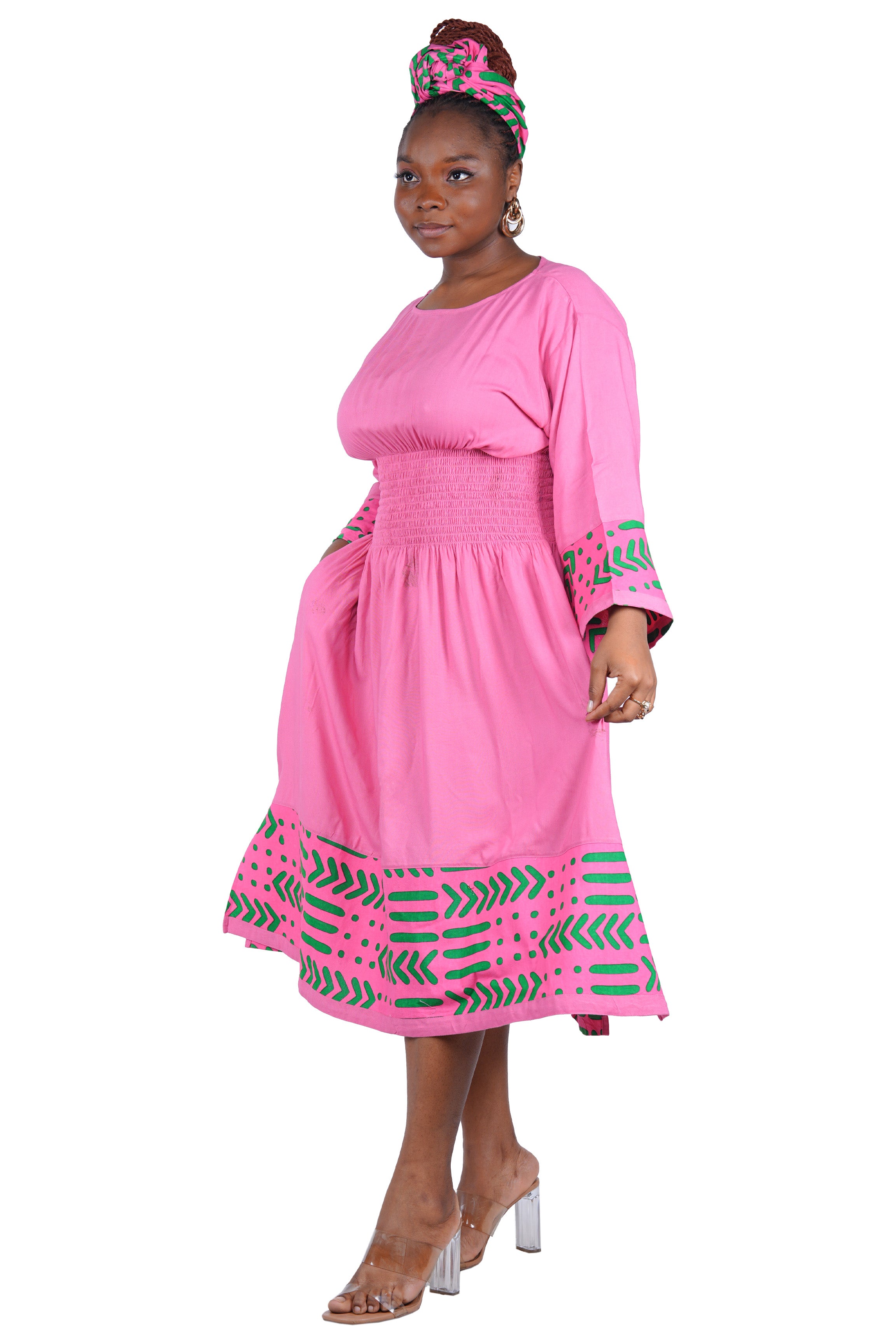 African Trim Midi Dress – Smocked, Headwrap & Pockets | 100% Rayon | Patch work