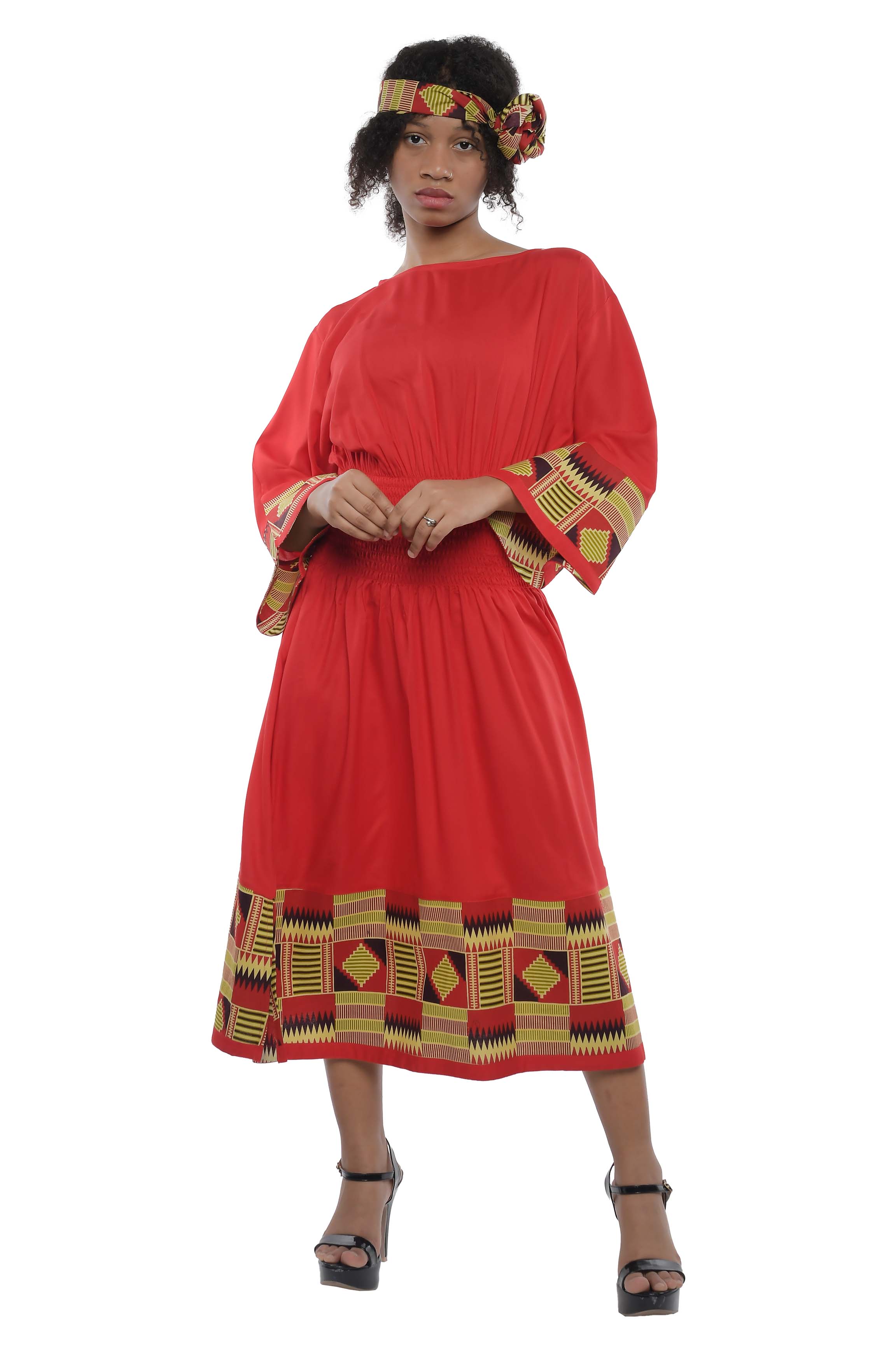 African trim midi dress in solid color with patchwork detail
Afrocentric rayon dress with smocked waist and headwrap
African print patchwork midi dress with pockets
African dresses for women