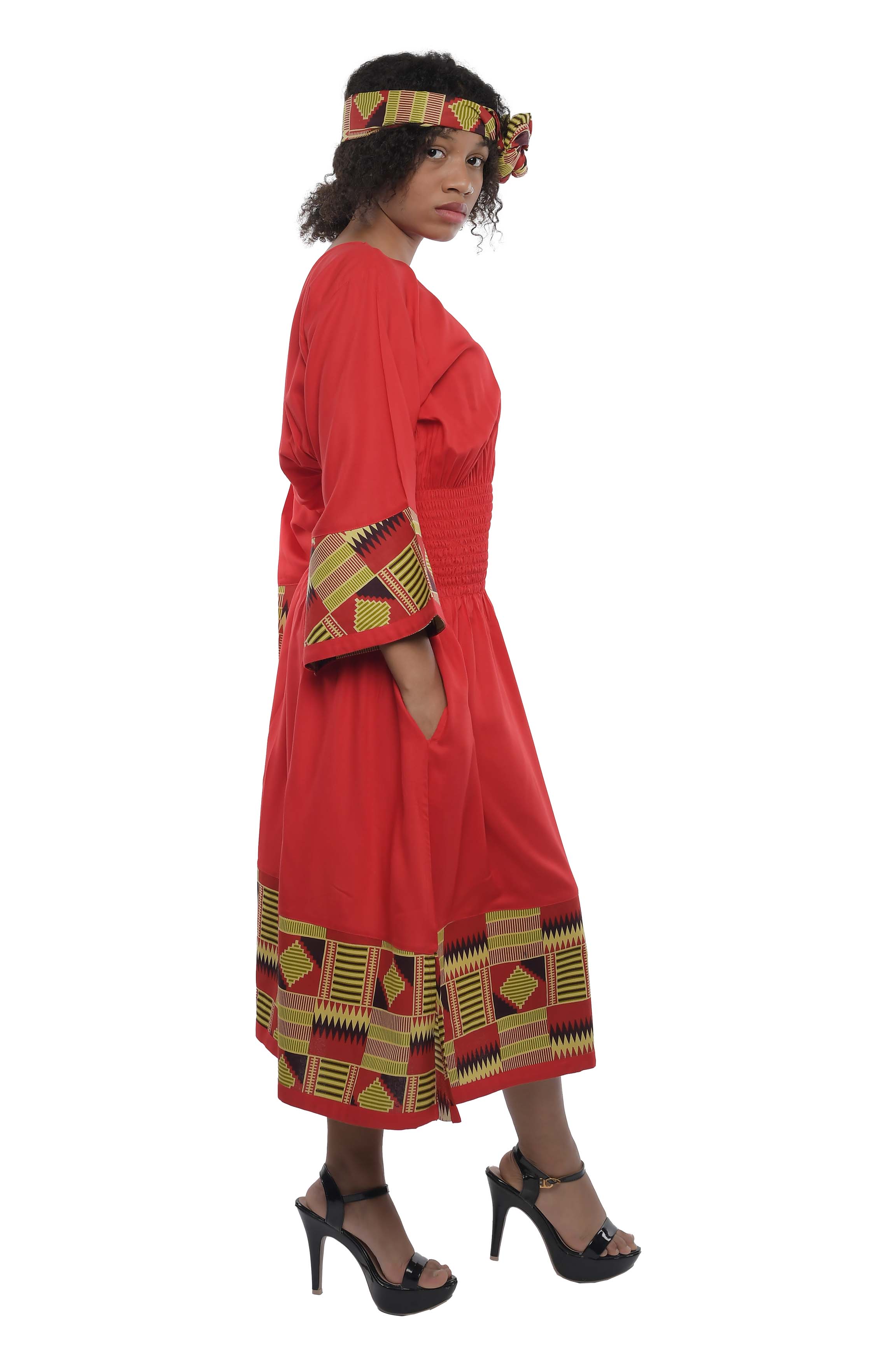 African trim midi dress in solid color with patchwork detail
Afrocentric rayon dress with smocked waist and headwrap
African print patchwork midi dress with pockets
African dresses for women