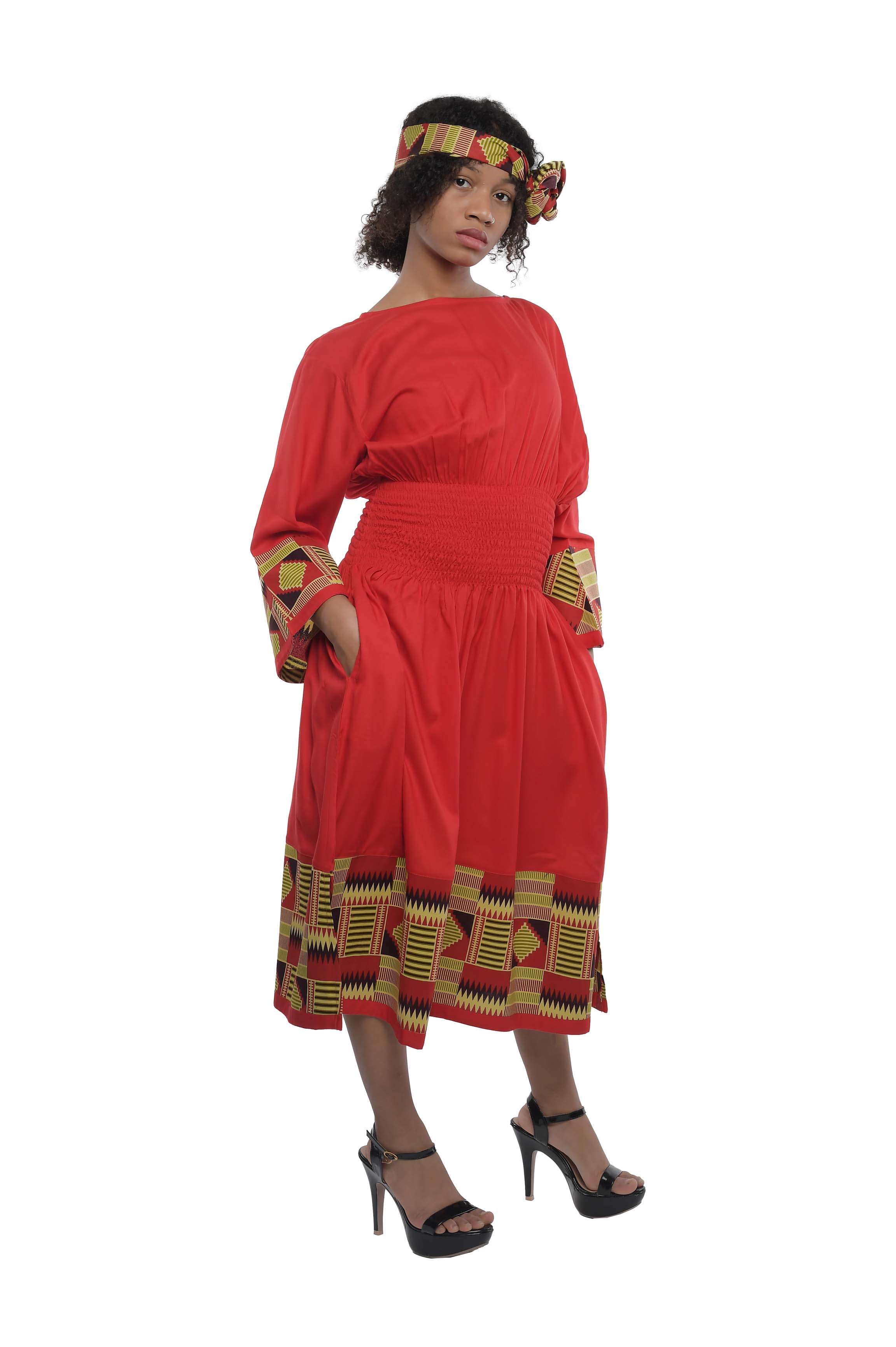African trim midi dress in solid color with patchwork detail
Afrocentric rayon dress with smocked waist and headwrap
African print patchwork midi dress with pockets
African dresses for women